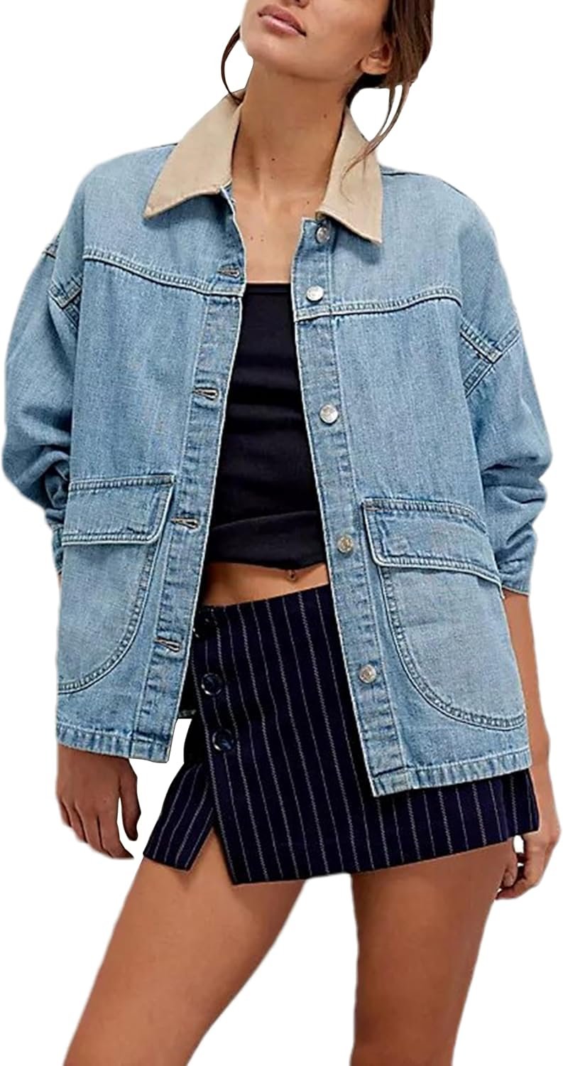 Lumister Women’s Oversized Denim Jacket with Contrast Trim Long Sleeve Button Down Jean Coat with Pockets Outerwear