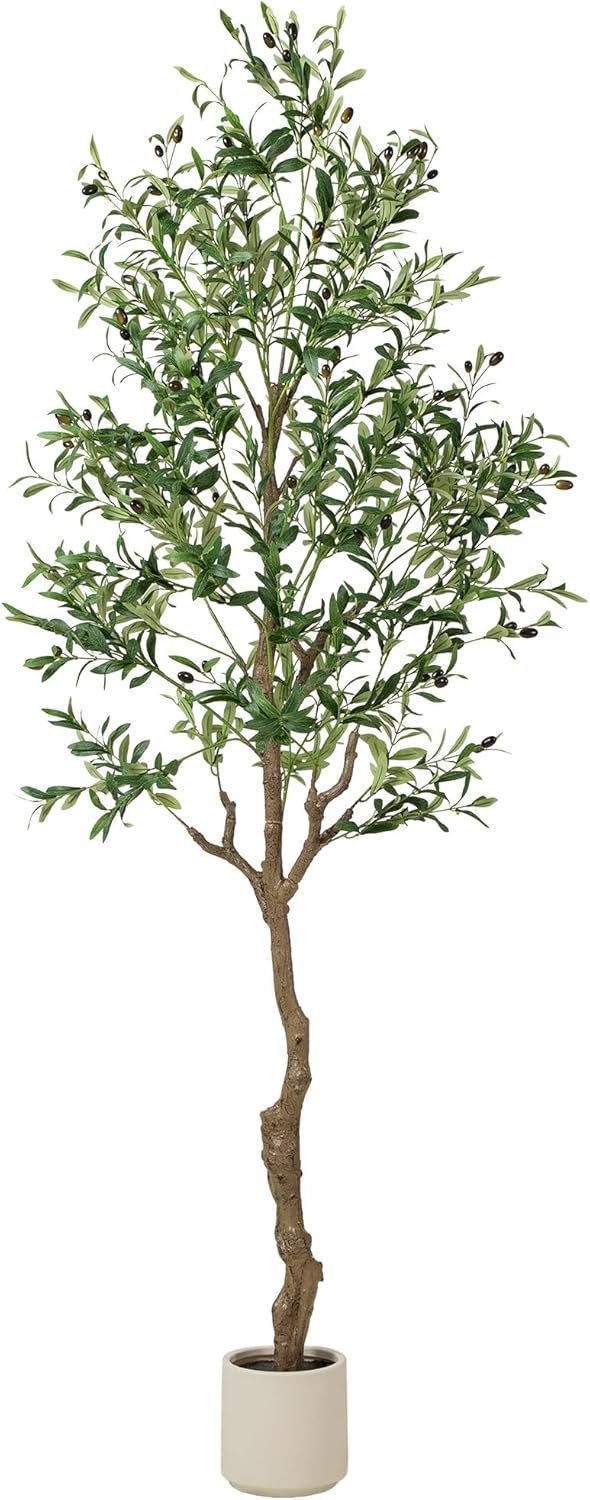 Olive Tree Artificial Indoor, 7 FT Faux Olive Trees with Planter, Fake Tall Plants with Natural Trunk and Lifelike Fruits for Home Office Decor(1, 7FT)