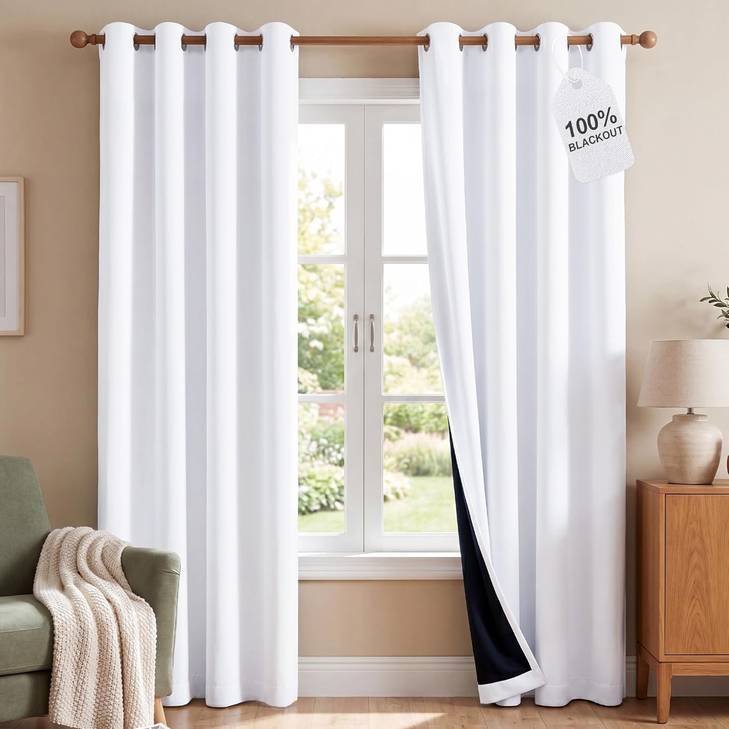 NICETOWN 100% Blackout Window Curtain Panels, Cold and Full Light Blocking Drapes with Black Liner for Nursery, 84 inches Drop Thermal Insulated Draperies (White, 2 Pieces, 52 Wide Each Panel)