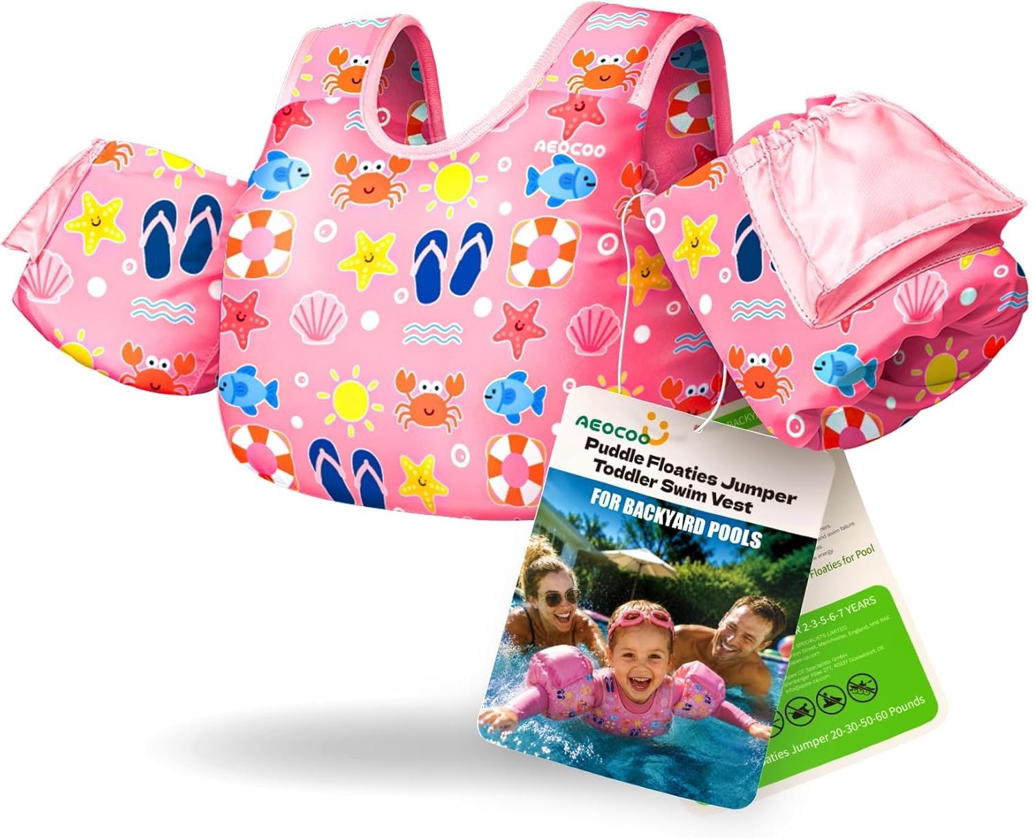 AEOCOO Toddler Swim Vest for 20-30-50-70 Pounds Kids, Puddle Pool Jumper for 1-2-3-5-7-9 Boys & Girls & Niños, Toddler Swim Aid Water Wings with Arm Floaties, Fun Patterns Float for Swimming Pool