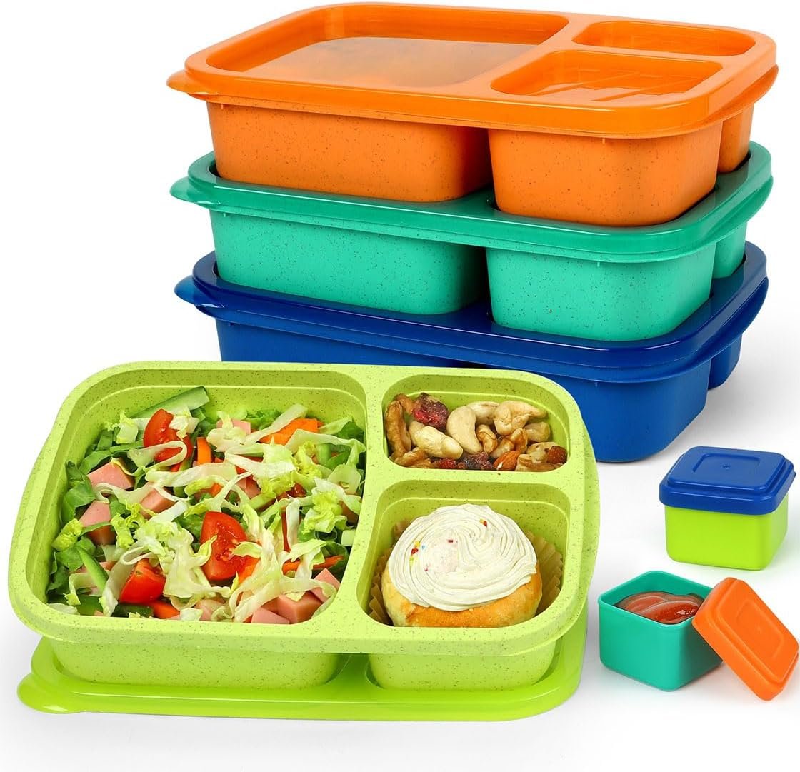 Caperci Bento Lunch Box Containers for Adults & Kids – 3-Compartment Reusable Meal Prep Containers with 2Pc Sauce Containers for School, Work, Travel, Wheat Straw, Set of 4 (Jewel Brights)