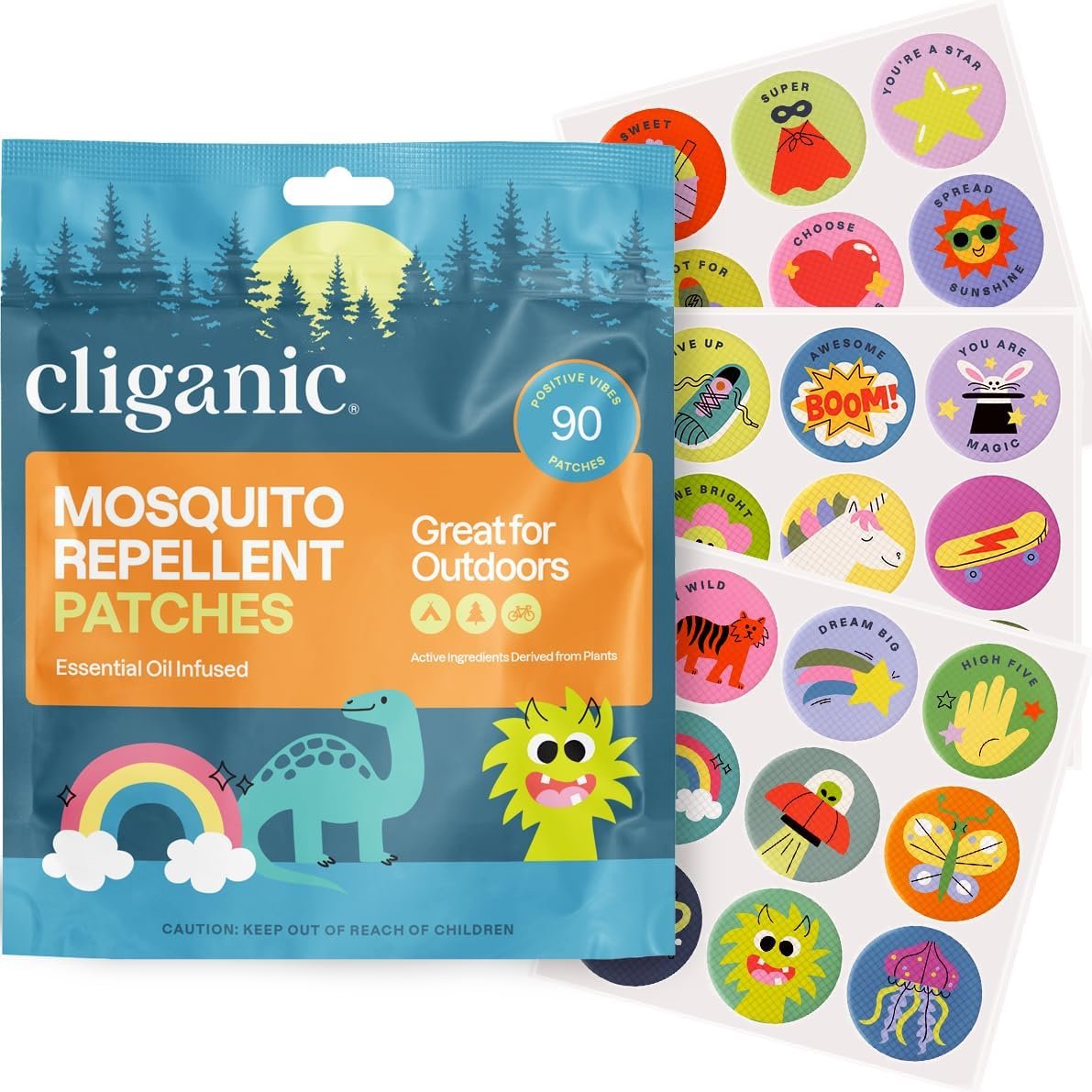 Cliganic Mosquito Repellent Stickers (90 Pack) – Positive Vibes Patches for Kids, Natural DEET-Free, Essential Oil Infused