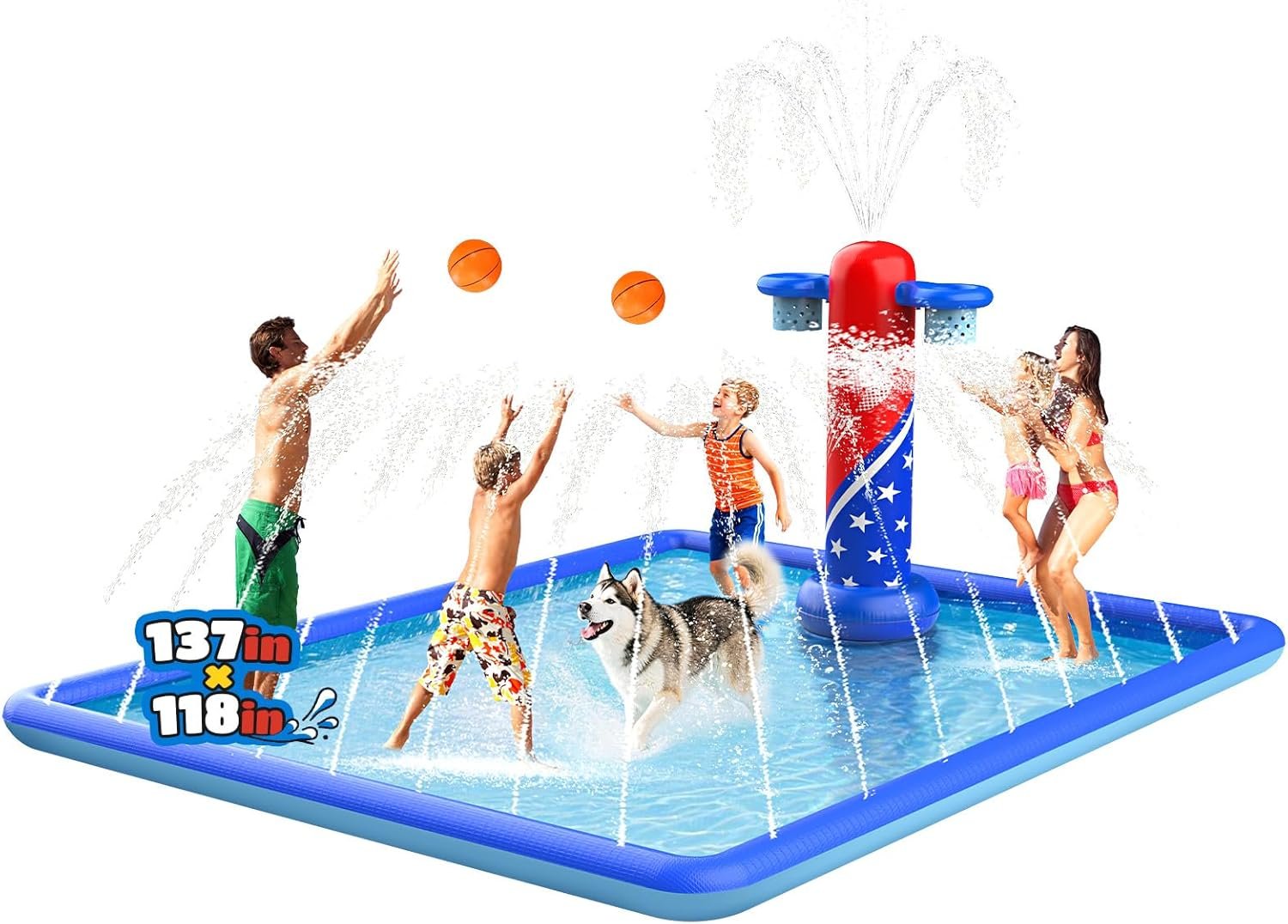 ODOSOLA 137×118” Large Splash Pad for Kids 3-12 & Dogs, 2-in-1 Sprinkler Pad with Basketball Hoop/Ball Toss, Thickened Non-Slip Water Mat, Foldable Outdoor Summer Toy for Backyard/Pool/Beach