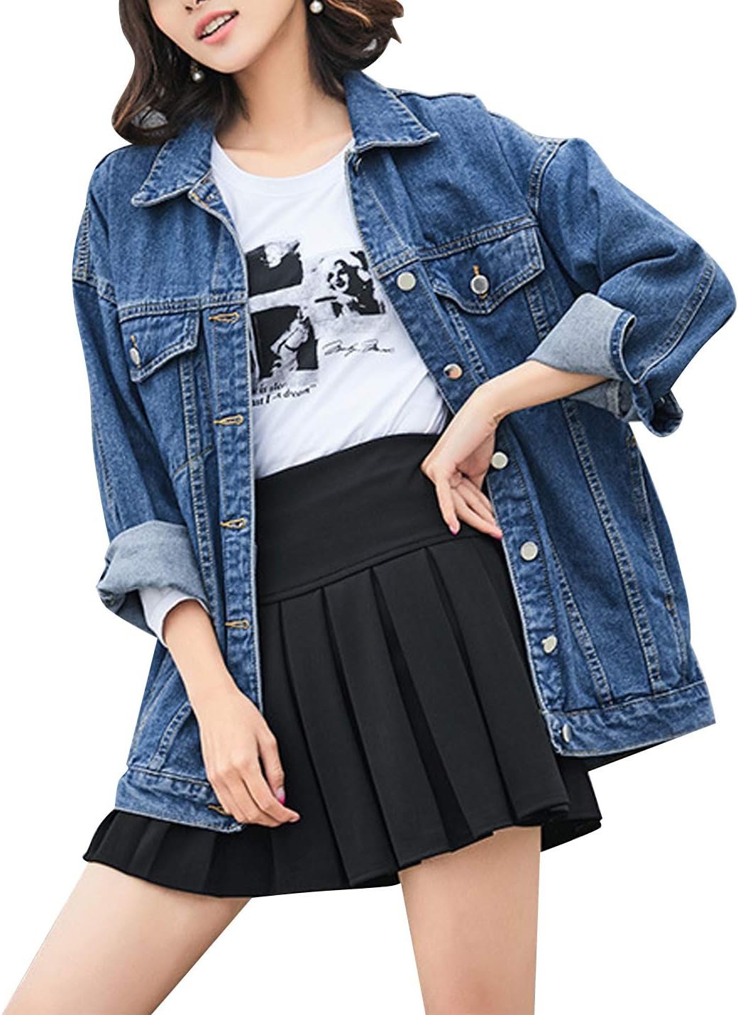 Omoone Women’s Oversized Mid Long Denim Jacket Jean Biker Coat