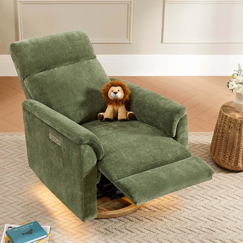 CHITA Power Swivel Glider for Adults, Nursery Recliner Chair with Power Headrest and Night Light for Living Room, Bedroom, Boucle Fabric in Green