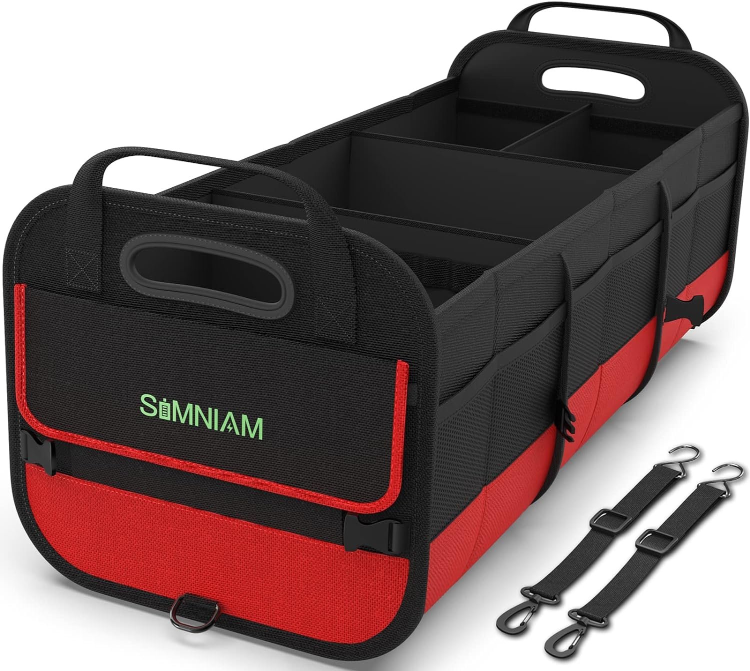 Simniam Large Trunk Organizer for Car, Foldable Multi Compartment Car Trunk Organizer with 2 Retractable Straps, Suitable for All Kinds of Cars, SUV, Minivan – 4 Compartments Red