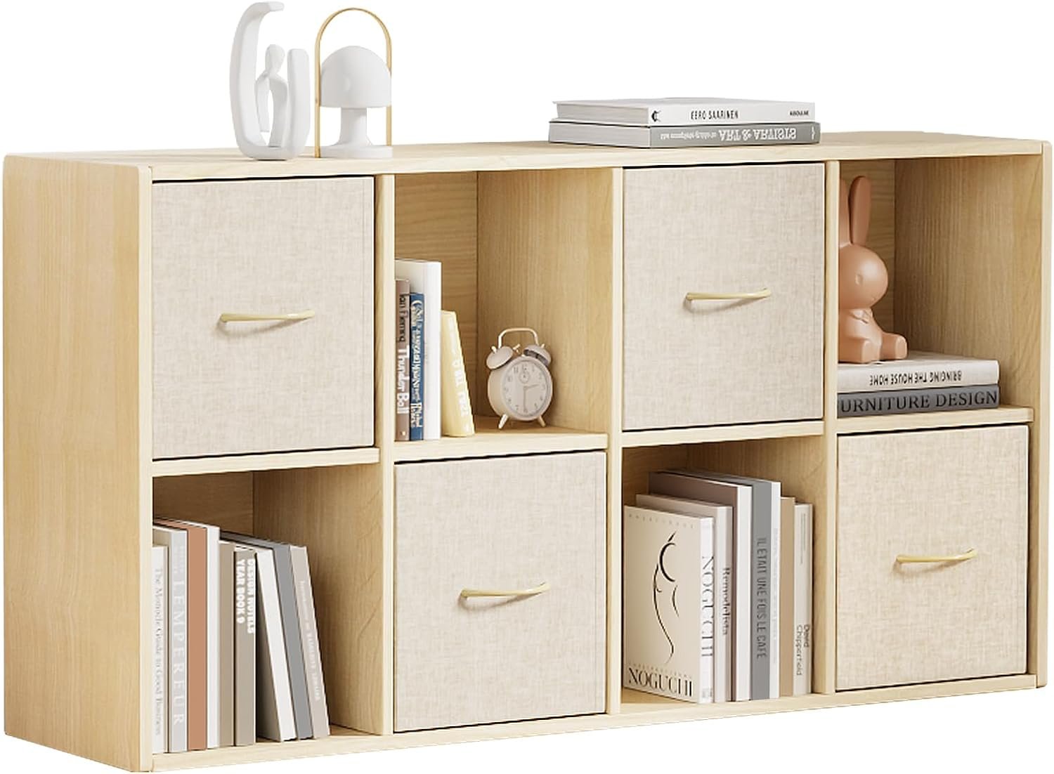 EXPERLAM 8 Cube Storage Organizer – Solid Wood Bookshelf with 4 Storage Bins, Cube Shelf with 2 Removable Back Panels, Vertical or Horizontal Bookcase, Open Book Shelf for Bedroom, Living Room, Office