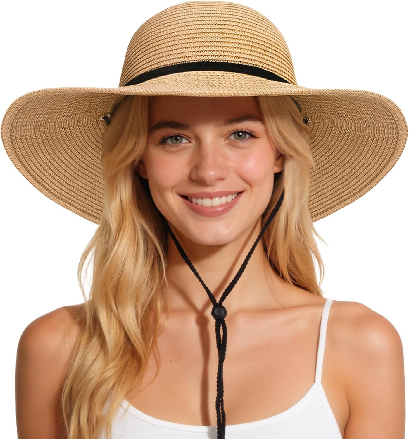 Senker Fashion Sun Hats for Women, Wind Lanyard Wide Brim Straw Hat for Summer Beach Garden Vacation Foldable UPF 50+