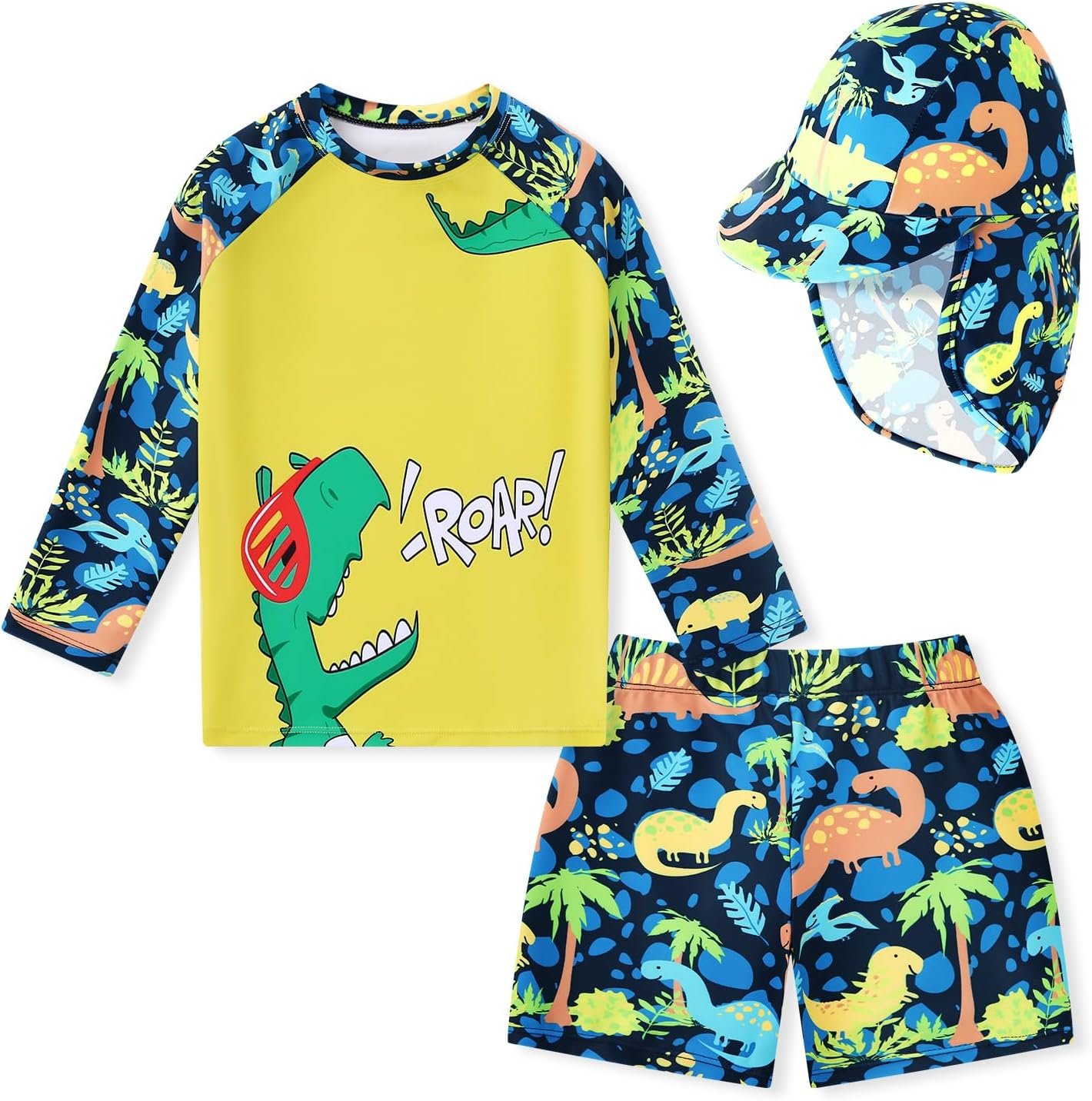 Toddlers Boys 3PCS Rashguard Swimsuit Long Sleeve Top and Slim-fit Swim Shorts Sets with Sun Hat Boys Bathing Suit 1-5T