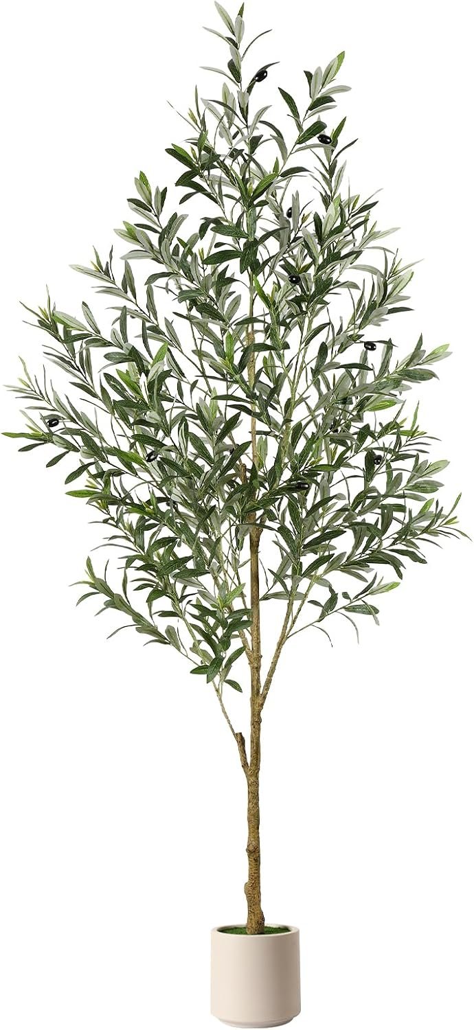 Alupssuc 6FT Artificial Olive Trees, Faux Silk Plant with Lively Artificial Trunk and Lifelike Fruits, Indoor Fake Potted Tree with White Planter for Modern Home Office Living Room Decor
