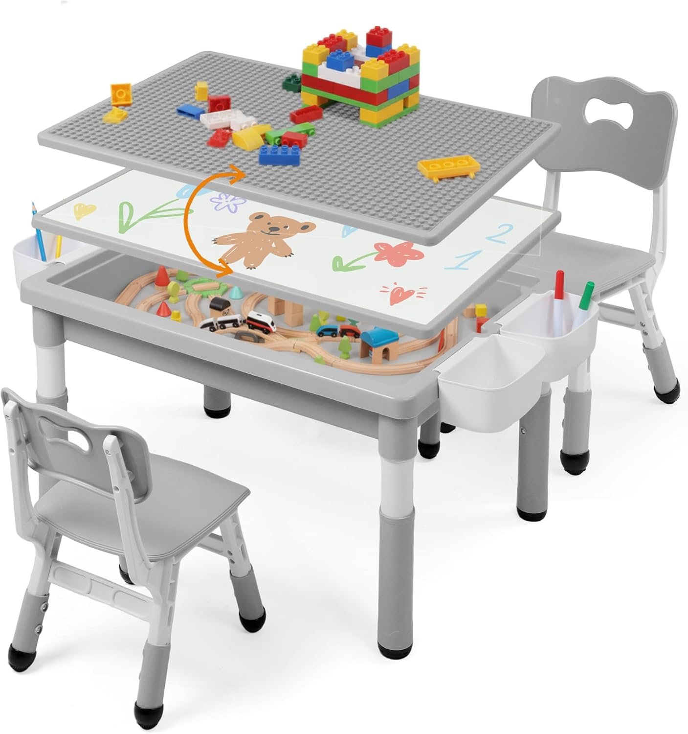 Kids Table and Chairs Set Large Storage, Height Adjustable Toddler Activity Table and 2 Chairs Set, 34.6×24.8″ Graffiti/Block Building Desktop, 4 Side Boxes, Kids desk for Home, Preschool, Classroom