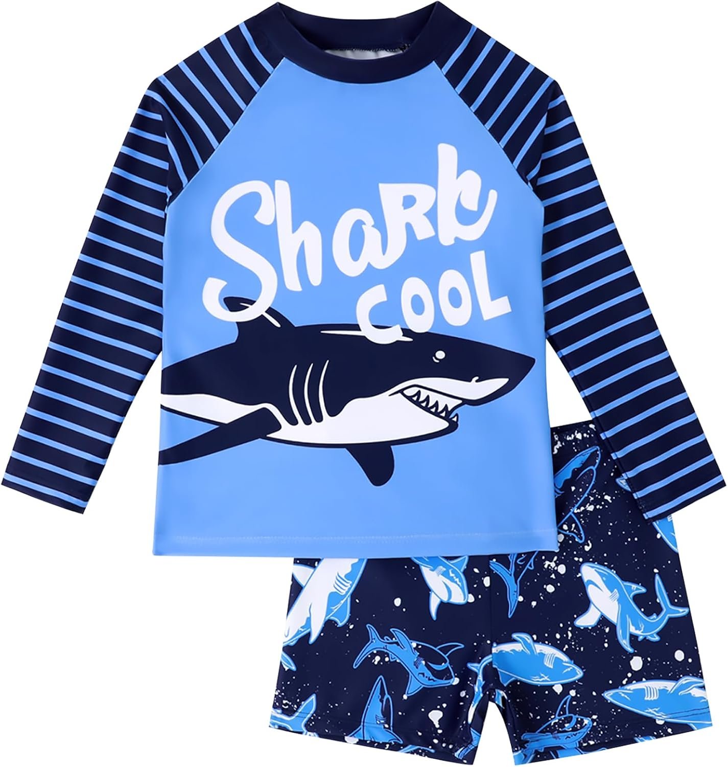 AIWUHE Toddler Boys’ Rash Guard Swimsuit Two Piece Short Sleeve Bathing Suit and Swim Trunk Set Dinosaur Swimwear with Hat