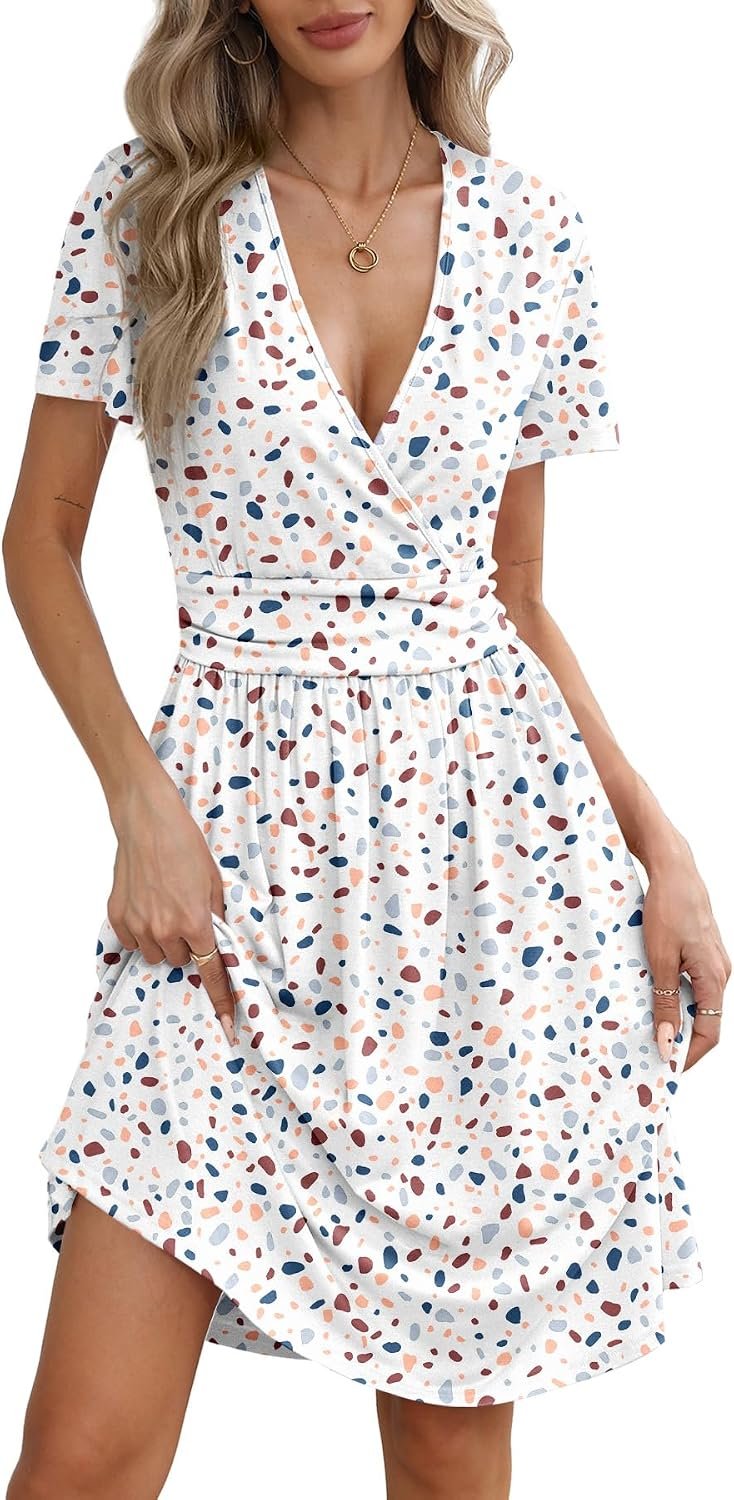 YSYOKOW Women’s Summer Faux Wrap V Neck Midi Dress Short Sleeve Casual A-Line Sundress with Pockets for Beach Party Work