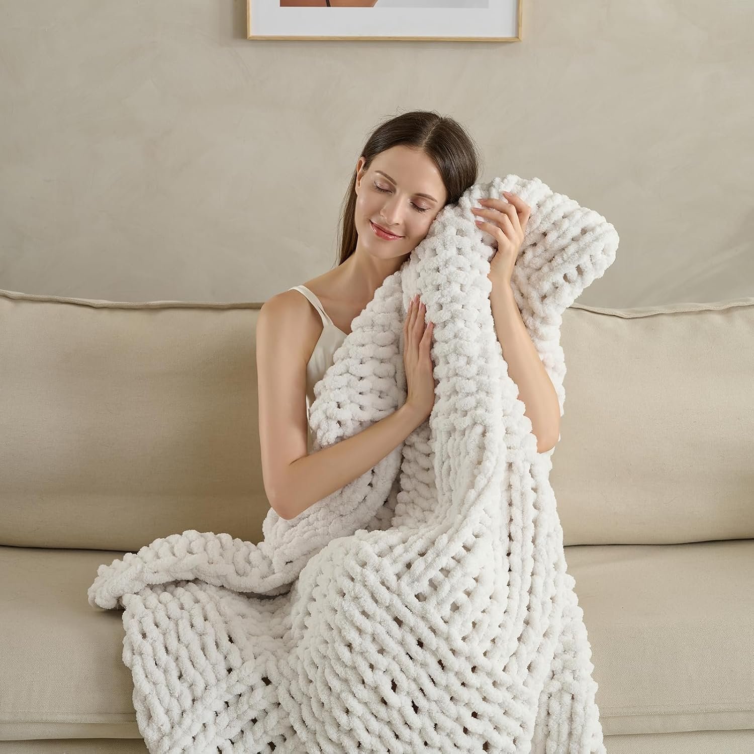 Chunky Knit Blanket Throw 50×60 Inches,Handmade Cable Knit Crochet Blanket,Cozy Lightweight All Season,Wrinkle-Resistant Polyester for Couch Bed Sofa Reading Nook, Beige