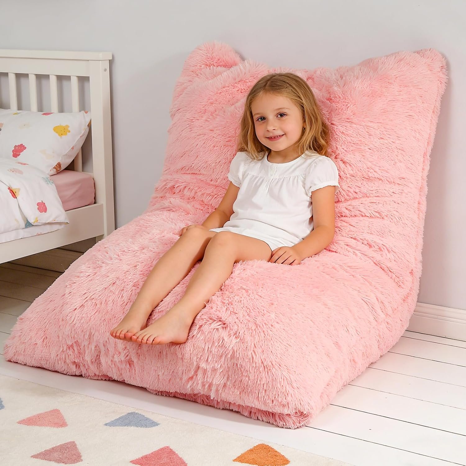 3 in 1 Kids Bean Bag Chair Bed, Kids Fluffy Stuffed Floor Pillow for Gaming and Reading, Ultra Soft Faux Fur Fabric Bean Bag Chairs to Lounger for Playroom, Living Room, Bedroom, Pink
