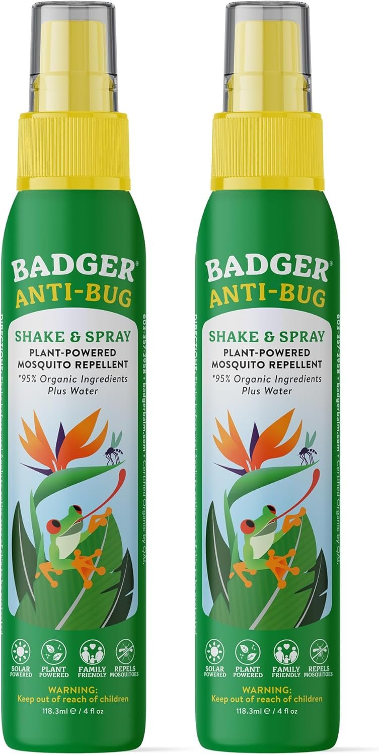 Badger Bug Spray, 3-Hour DEET-Free Mosquito Repellent, Family Friendly, Citronella & Organic Essential Oils, Natural & Vegan Insect Repellent Spray, 4 fl oz Aluminum Bottle, 2-Pack