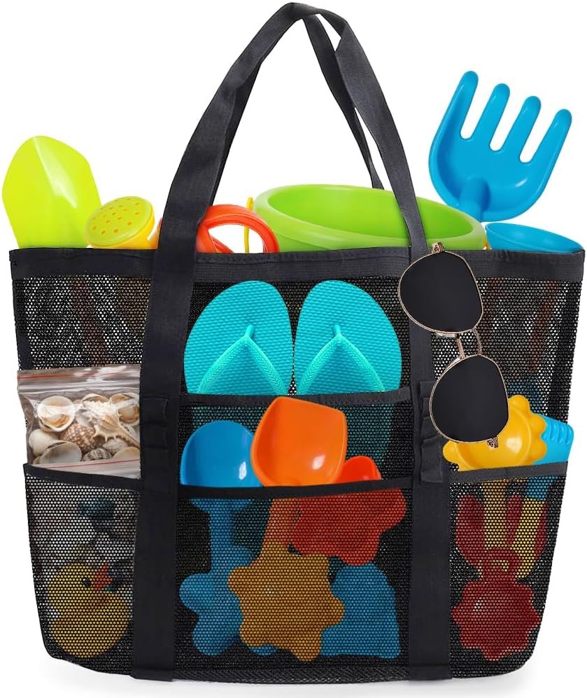Showvigor Mesh Beach Bag – Large Beach Tote with Zipper Pocket for Family Pool Bag for Toys Vacation Essentials