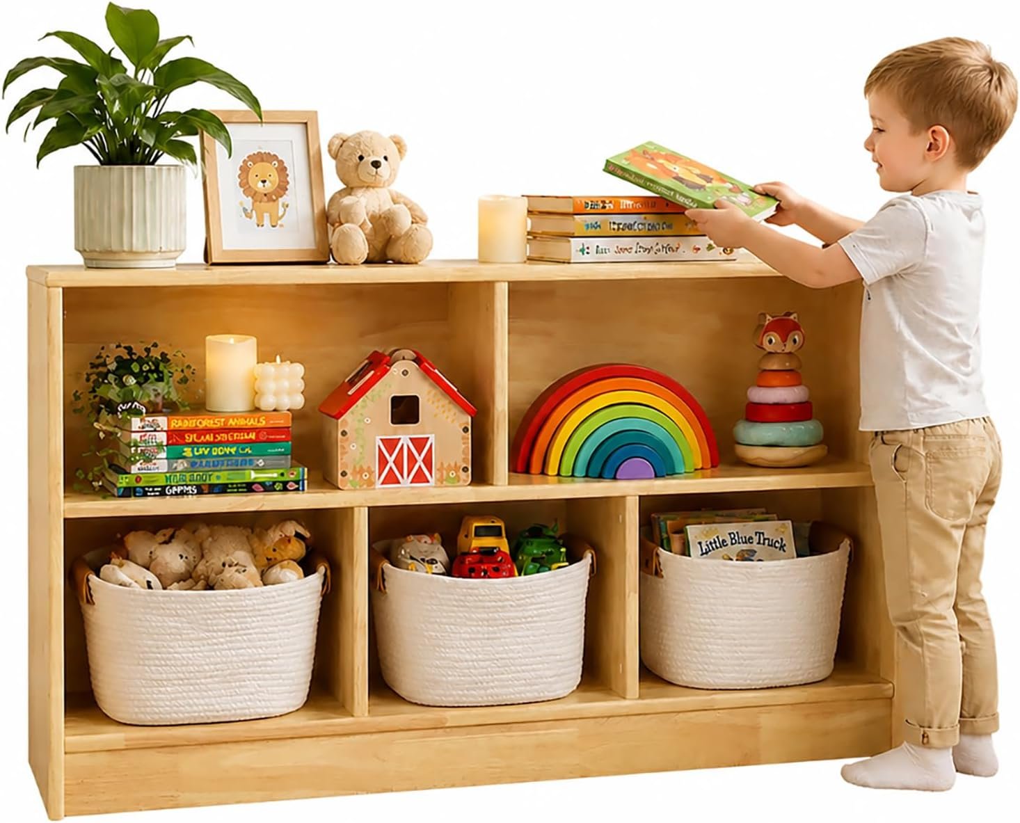 Montessori Shelf for Toys, Rubber Wood 2-Tier Cube Shelf Toy Storage Organizer 43.3″ L, Montessori Bookshelf for Kids Rooms, Playroom, Nursery,Classroom, Kindergarten