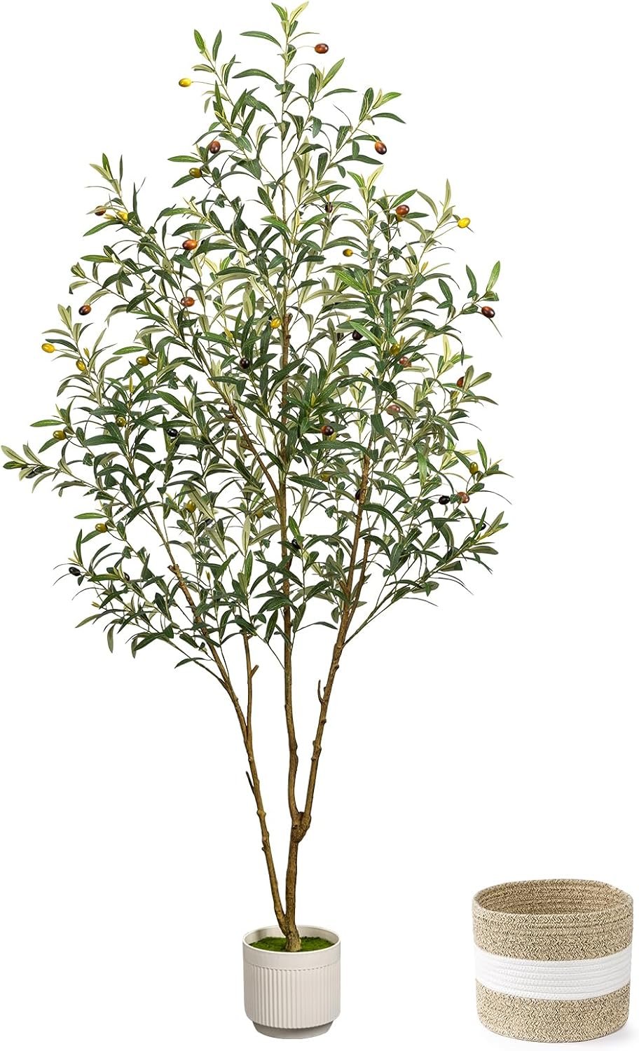 Artificial Olive Tree 6FT – Tall Faux Olive Trees Indoor with Planter&Cotton Basket, Large Fake Olive Plants Realistic Branches Natural Wood Trunk and Fruits for Home House Office Decor