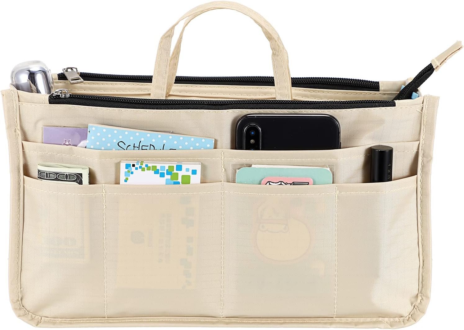 BTSKY Printing Handbag Organizers Inside Purse Insert – High Capacity 13 Pockets Bag Tote Organizer with Handle Beige