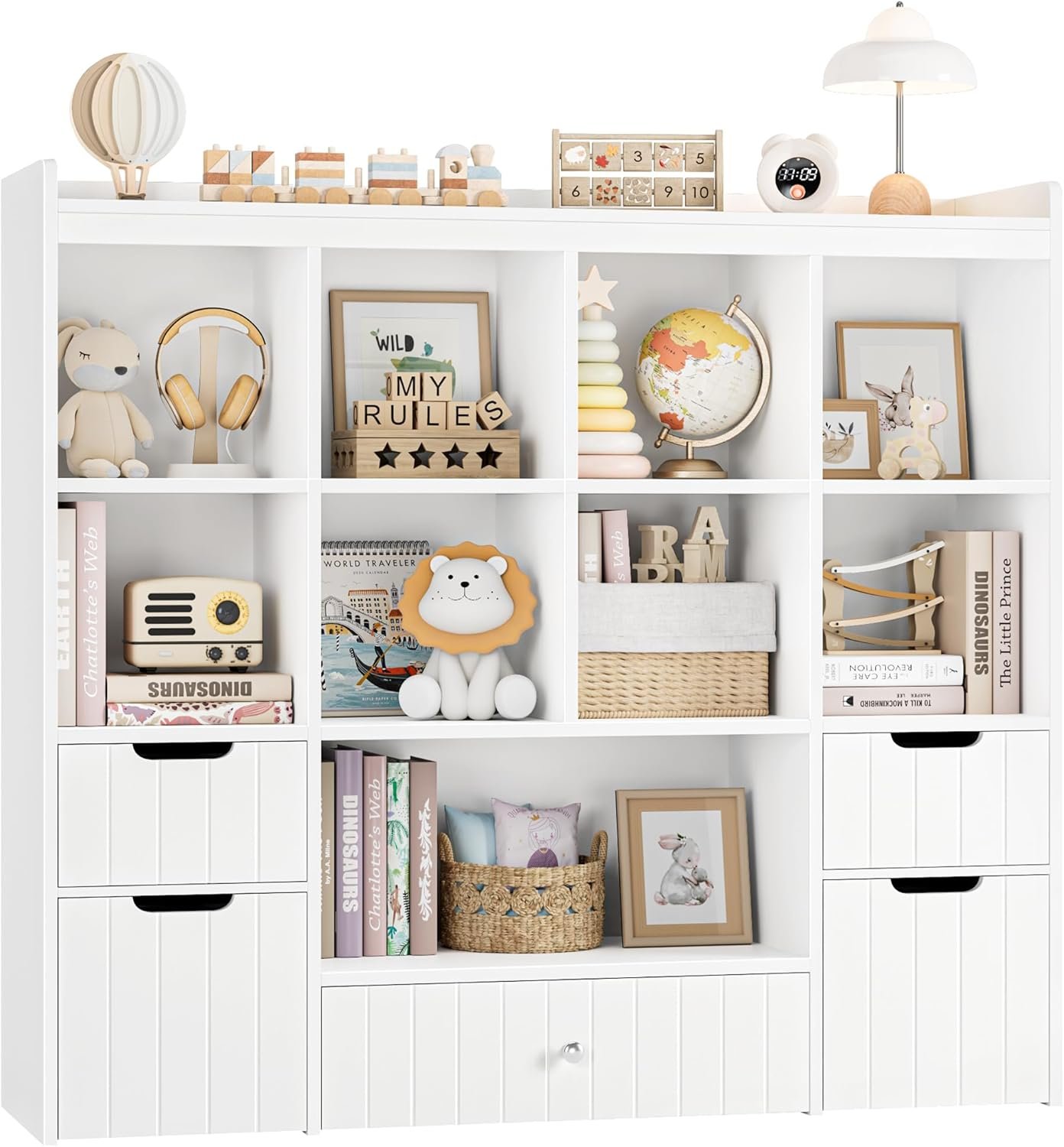 HORSTORS 48″W Kids Toy Storage Organizer, Large Toy Storage Chest with Removable Bins, 46″H Kids Bookshelf and Bookcase with Drawers for Boys and Girls, Modern Toy Box for Playroom, Classroom, White