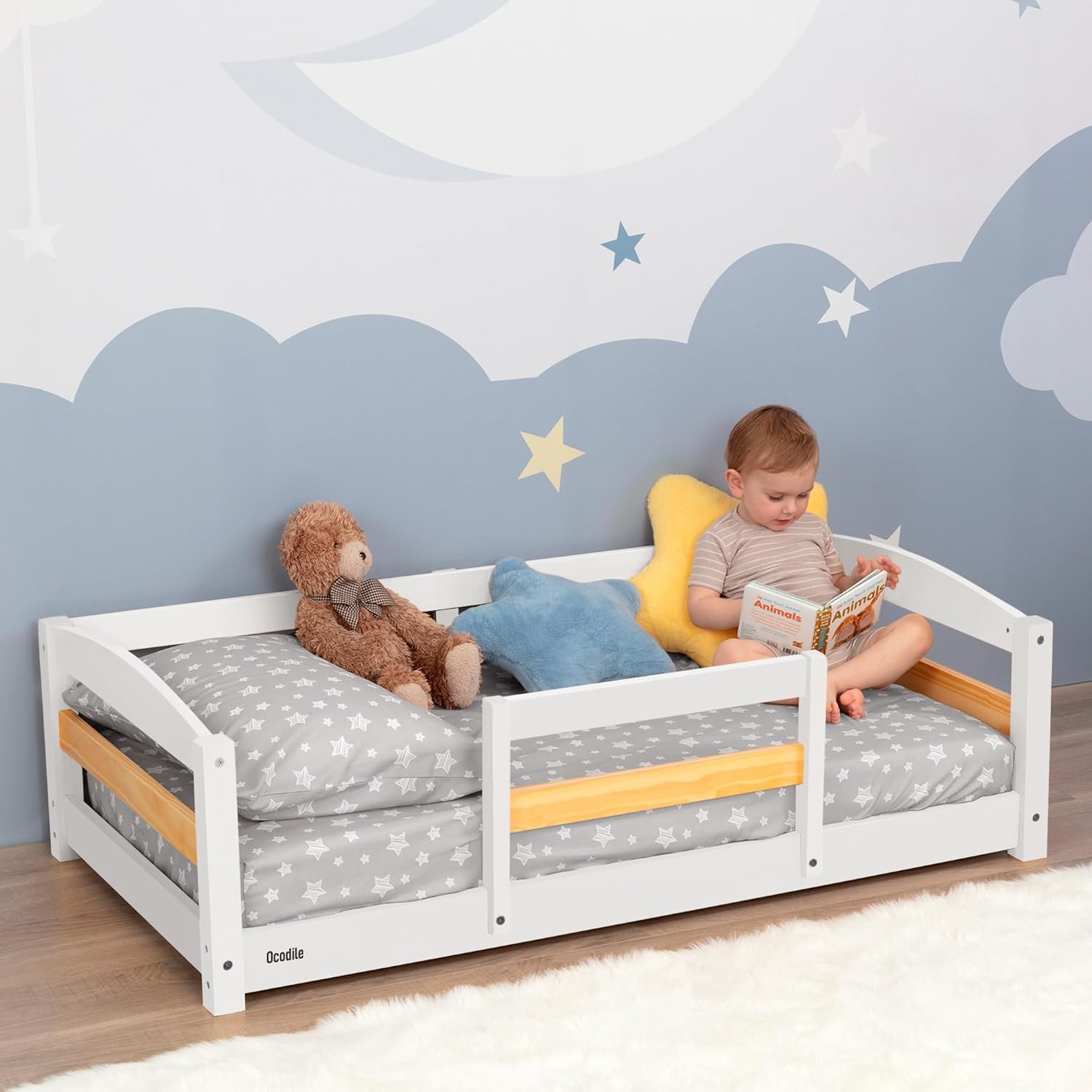 Ocodile Toddler Bed with Rails | Low Montessori Floor Bed Frame for Kids | Standard Crib Size Wooden Frame for Independent Toddlers 1-3 – White