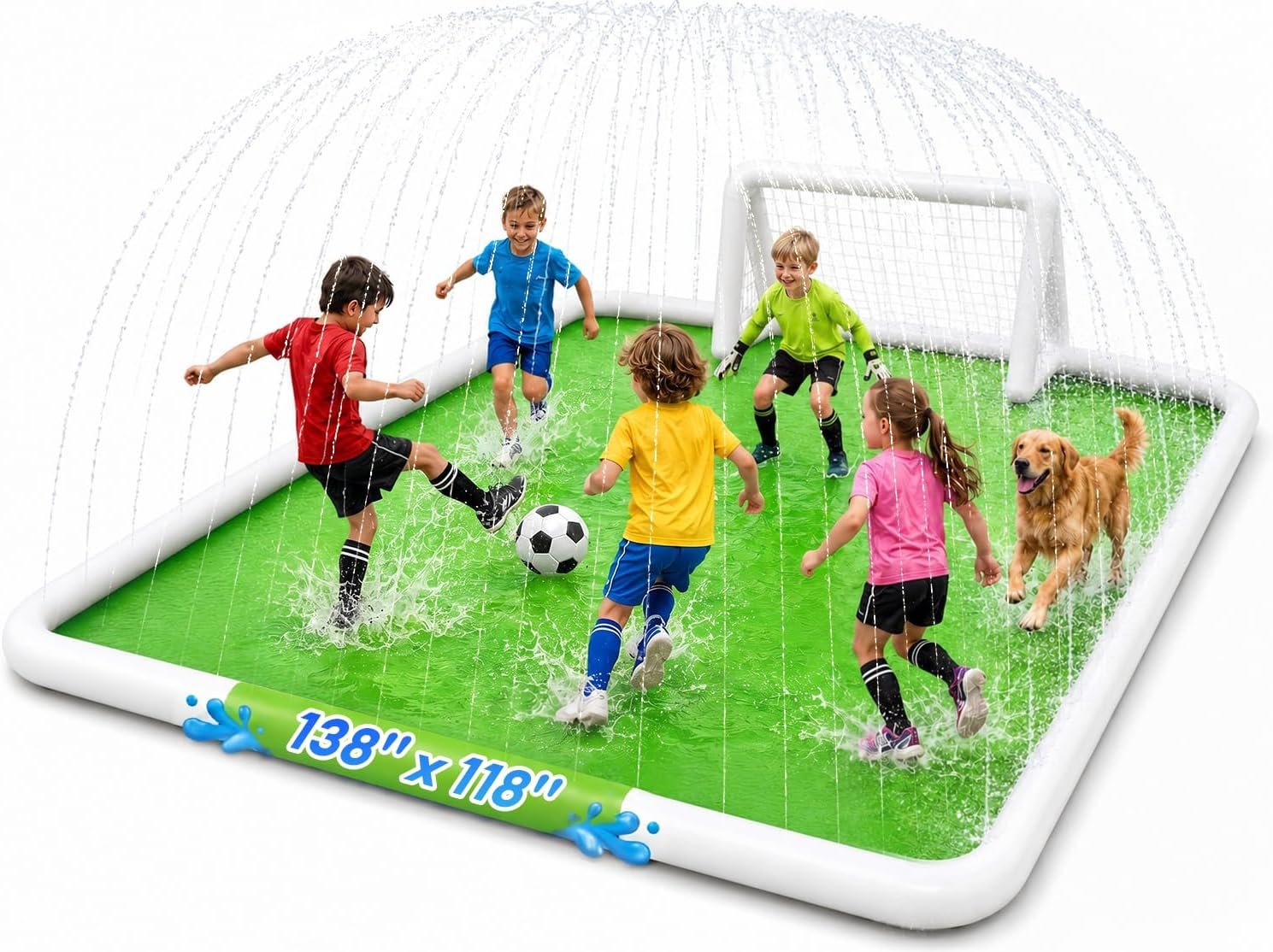 EPN Splash Pad for Kids, 138″ x 118″ Extra Large Sprinkler Mat with Soccer Goal & Ball, Non-Slip Thick PVC Water Play Mat, Outdoor Backyard Water Toys for Kids Ages 4-8 8-12, Lawn & Summer Fun