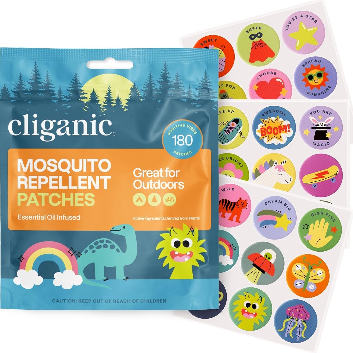 Cliganic Mosquito Repellent Stickers (180 Pack) – Positive Vibes Patches for Kids, Natural DEET-Free, Essential Oil Infused