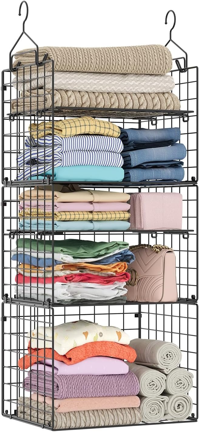 X-cosrack Closet Hanging Organizer Shelves – 5 Tier Wardrobe Organizers and Storage Bin, Hanging Organizer Shelves, Clothes Shelf with Adjustable Dividers for Bedroom Closet Sweater Shoes Handbag
