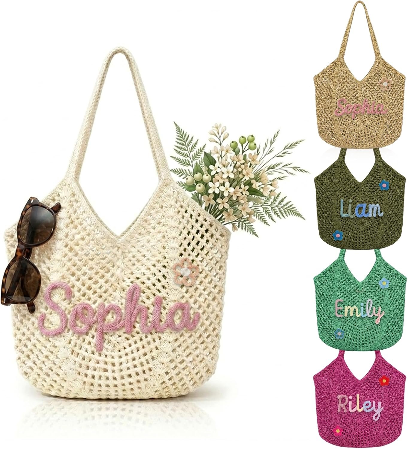 Personalized Crochet Beach Bag for Women, Summer Beach Bag Tote, Lightweight Mesh Travel Vacation Purse, Gift for Mom