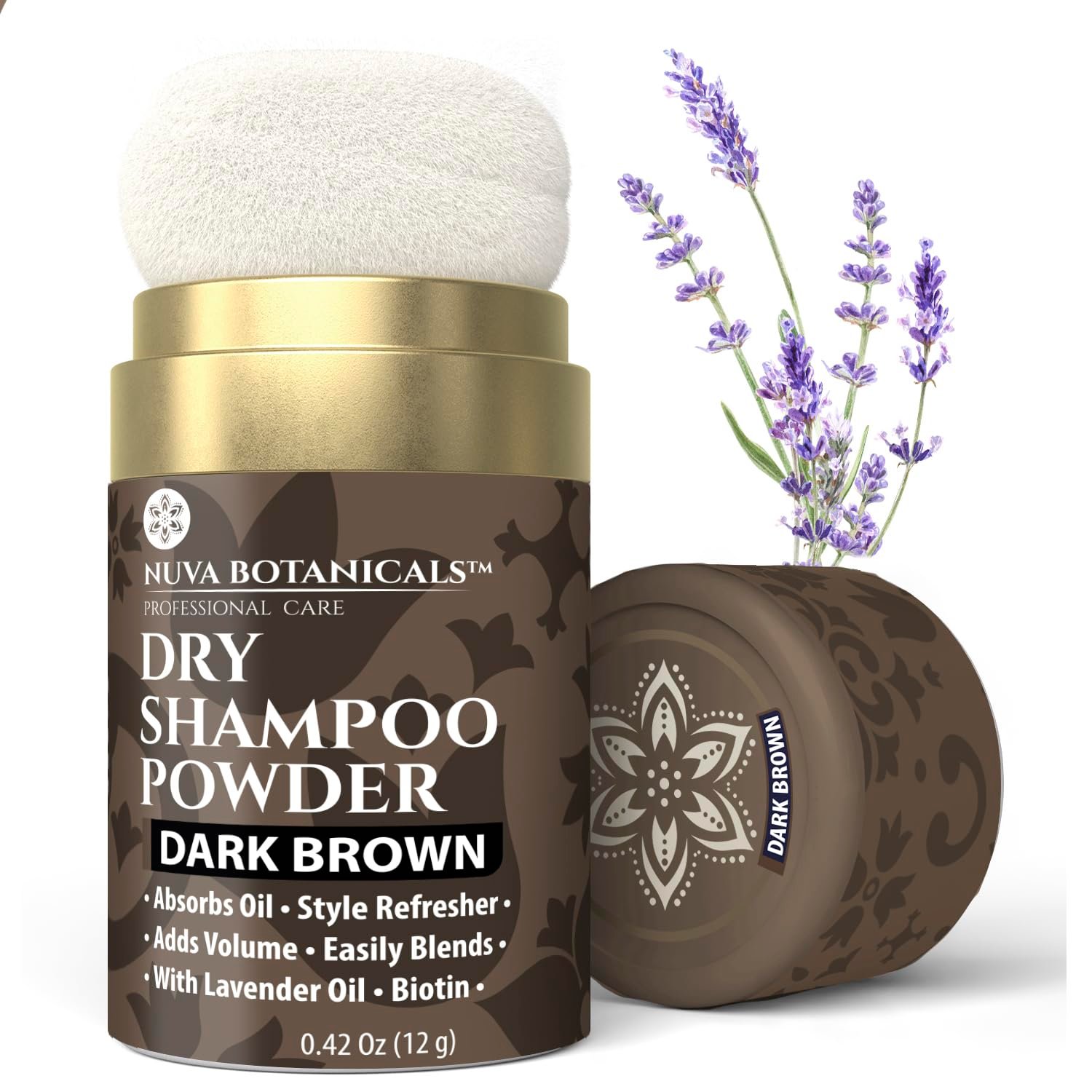 Nuva Botanicals Dark Brown Non Aerosol Dry Shampoo Powder with Biotin – Lavender Extract and Korean Ginseng – Volumizing Travel Size (0.42 oz)