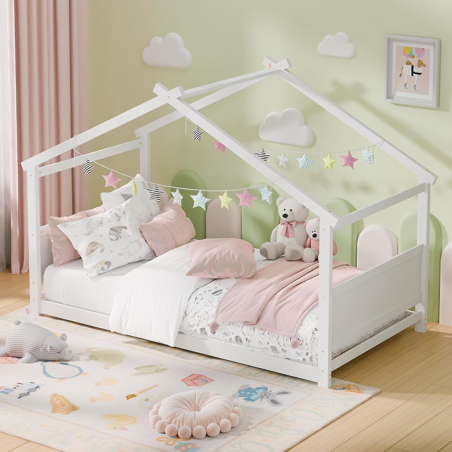 Twin House Bed, Montessori Floor Bed with Headboard & Footboard, Solid Wood Bed Frame for Toddlers Kids Bedroom, White