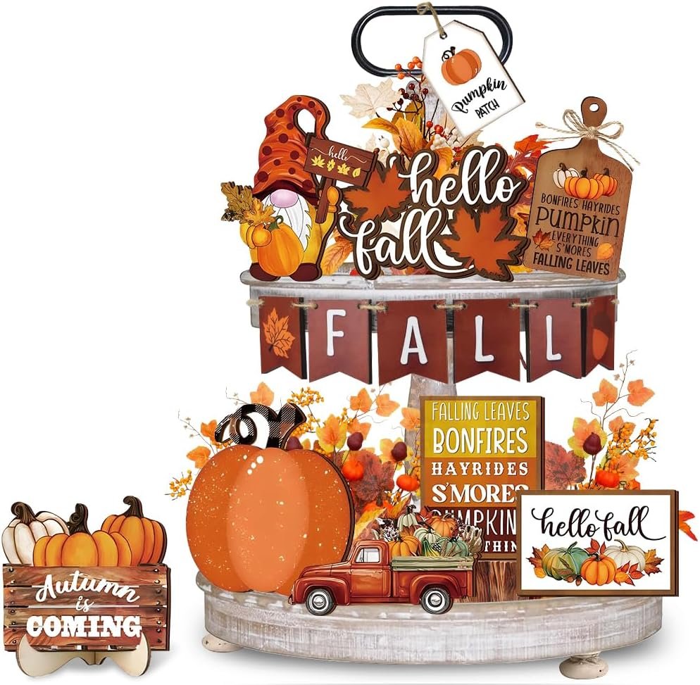 Quimoy 19 Pcs Fall Tiered Tray Decor, Hello Fall Pumpkin Gnome Truck Decorative Signs, Autumn Thanksgiving Day Wooden Tray Decorations for Home Kitchen, Rustic Farmhouse Table Decor