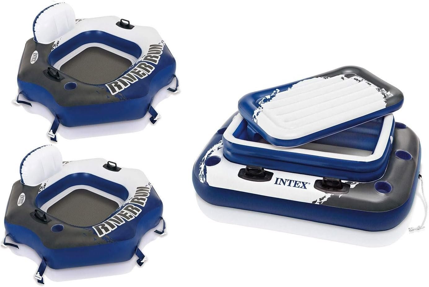 Intex River Run Single Person Inflatable Floating Pool Chairs (Set of 2) Bundled with Inflatable Mega Chill II 72 Can Beverage Cooler Water Float