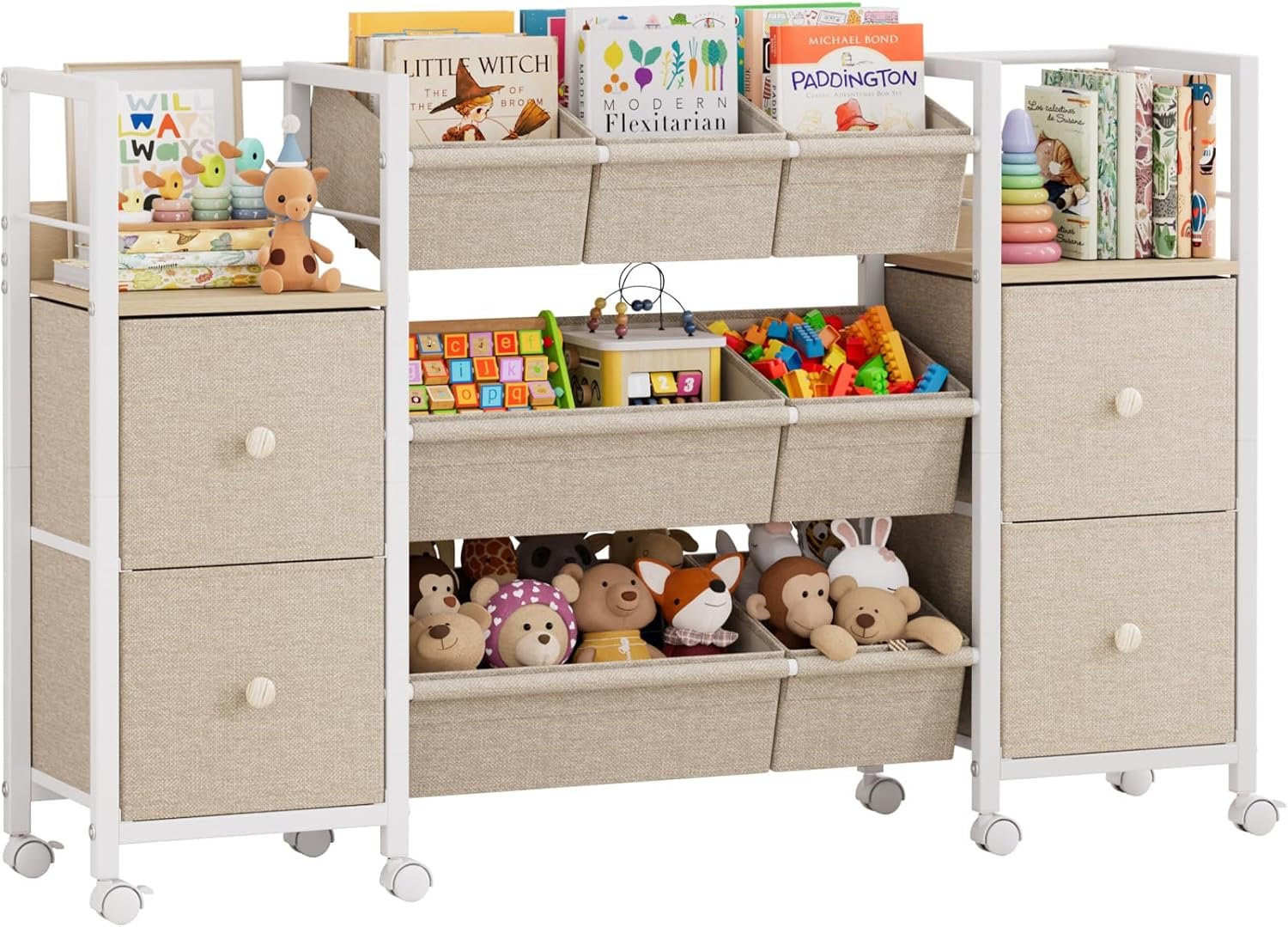 Kids Toy Organizers and Storage Bins – 7 Storage Bins + 4 Fabric Drawers + 2 Bookshelf, Playroom Storage, Mobile Cart Organizer for Toy, Clothes, Blankets and Books – Off White