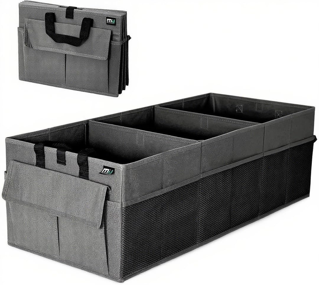 MIU COLOR Trunk Organizer for Car, 12 Pockets Sturdy Car Organizer for SUV, Non-Slip Bottom, Folded Trunk Storage Organizer for Sedans, Van, Jeep, Grocery, Large 3 Compartments, Dark Gray 32″×13″×10″