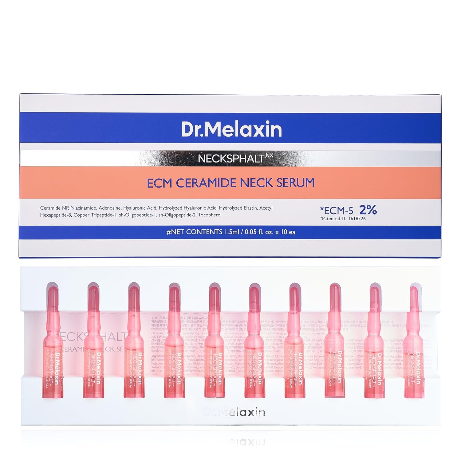 Dr.Melaxin Neck Tightening Ampoule – Firming & Lifting Ampoule for Neck Wrinkles & Sagging Skin, Necksphalt ECM Barrier Anti-Aging Korean Neck Care Treatment, 1.5ml×10ea