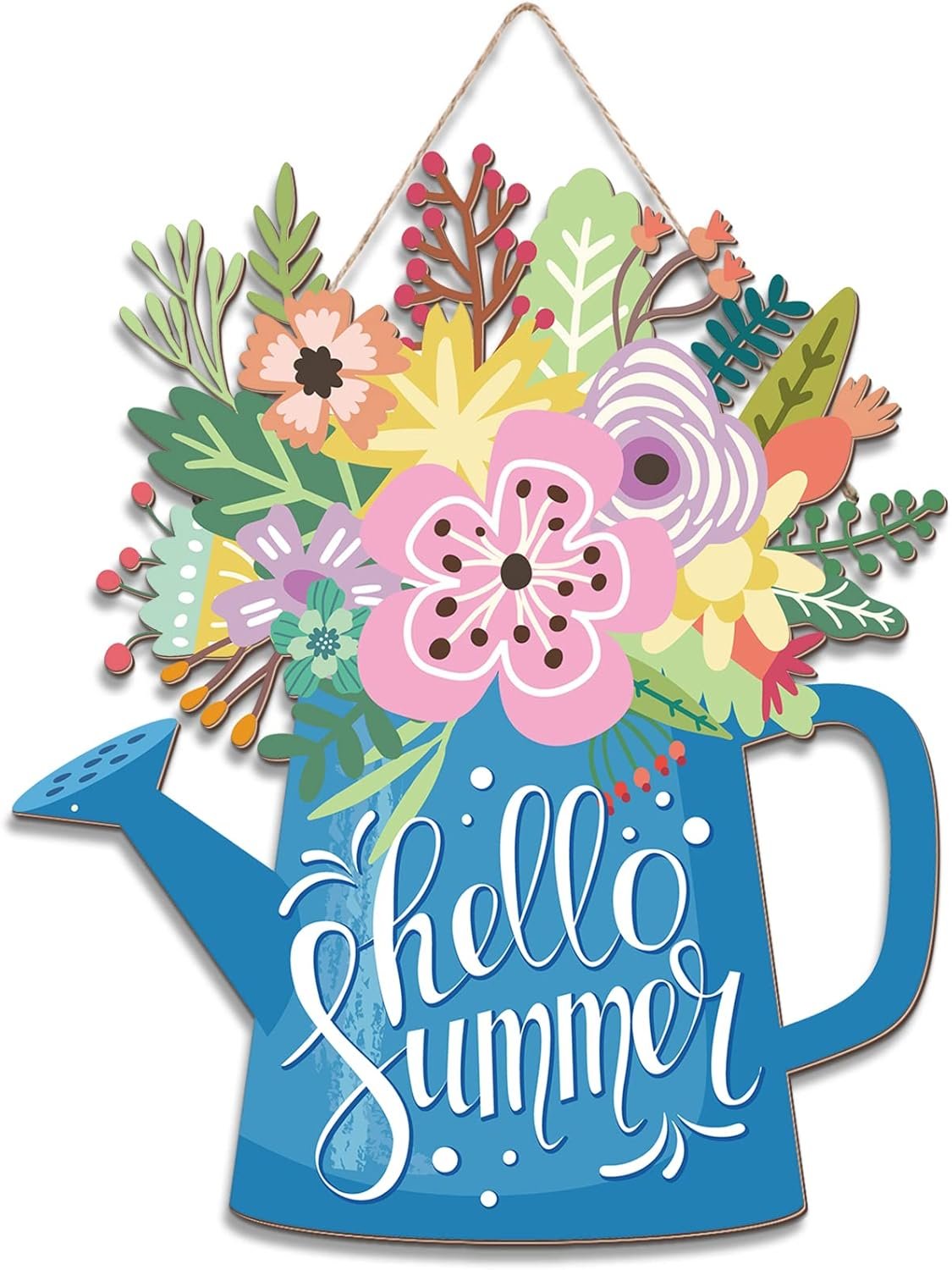 Yookeer Summer Door Decor Wreaths 11. 8 x 10 Inch Hello Summer Wall Decor Watering Can and Flowers Wooden Hanging Sign for Front Door Porch Farmhouse Outdoor Decoration