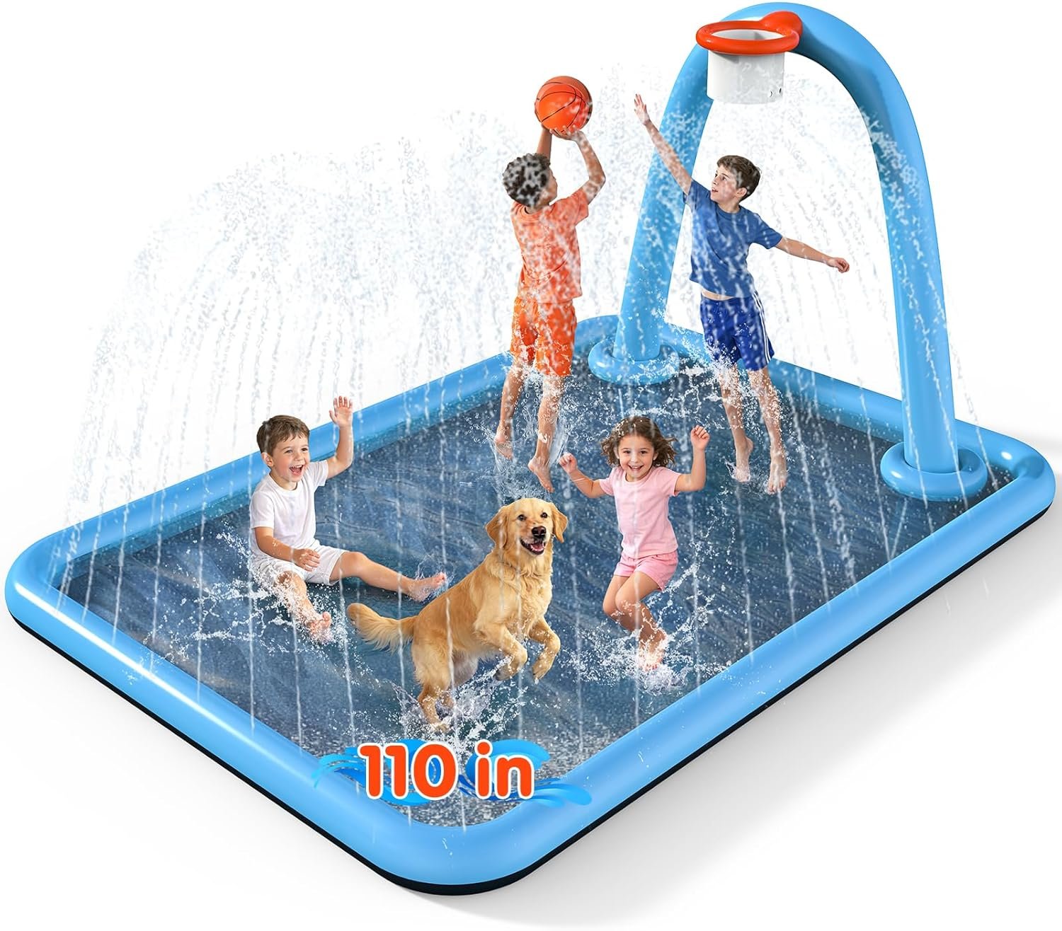 Instraella Splash Pad, 110×91” 2-in-1 Large Sprinkler Mat with Basketball Hoop and Arch for Kids Outdoor Play, Shoot Game for Backyard, Inflatable Water OutdoorToys More Fun for Boys and Girls