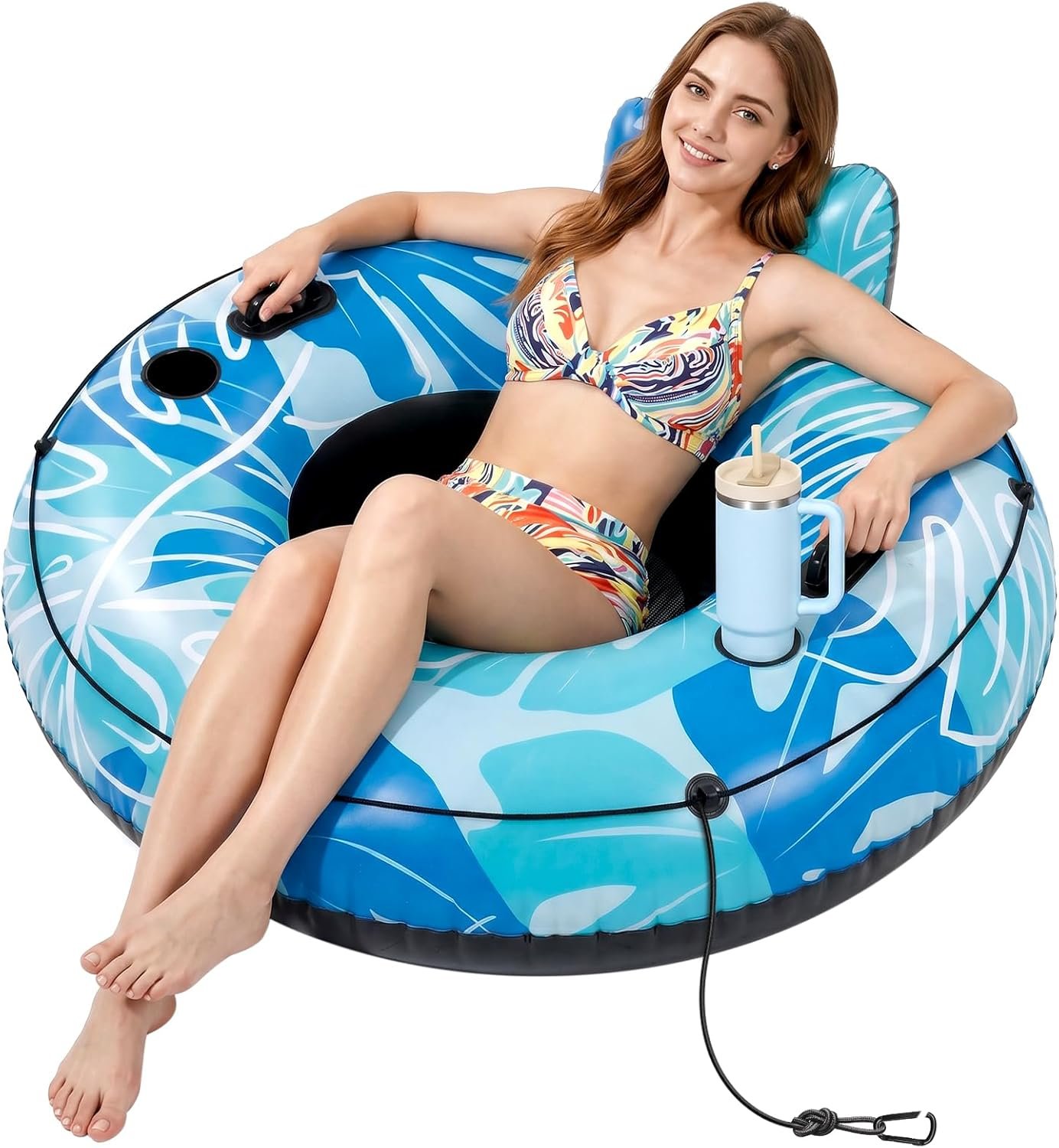 HLDIRECT Inflatable River Tube for Adults – 53″ Heavy Duty River Float with 2 Deep Cup Holders & Ergonomic Backrest, Floating Tubes with 2 Handles & Grab Rope for Pool, Lake or Lazy River