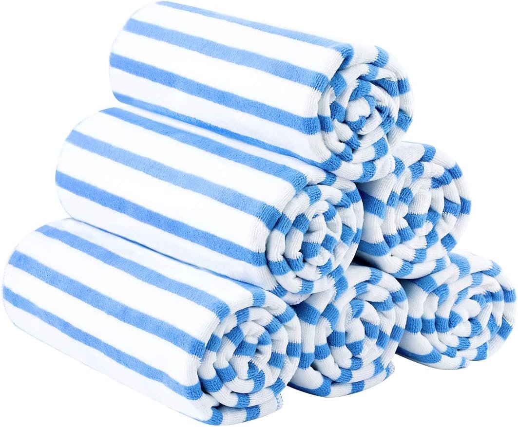 JML Microfiber Beach Towels, Large Bath Towel Set for Adult, 6 Pack, 27″ x 55″ – Cabana Stripe – Absorbent, Quick Dry for Pool, Bathroom, Sport, Yoga, Camping, Swimming, Dorm, Summer Party, Blue