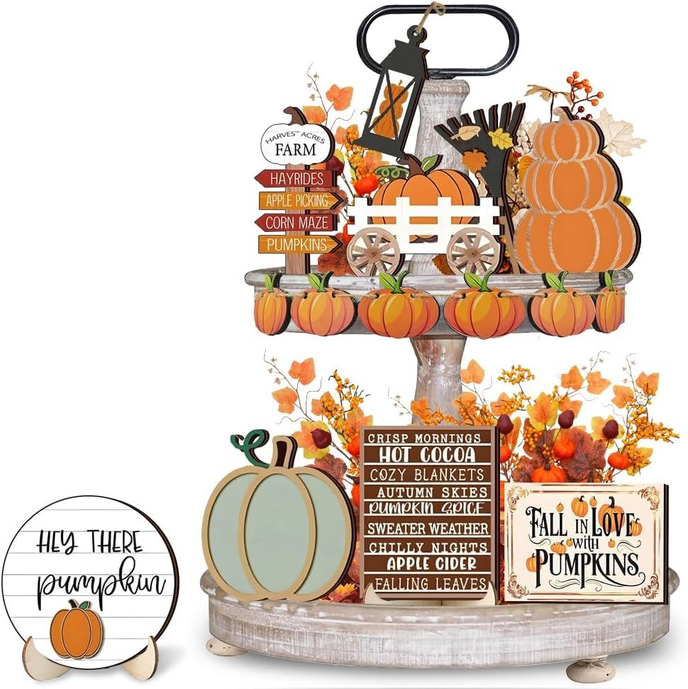 15 Pcs Fall Tiered Tray Decor, Pumpkin Fall Decorative Signs, Autumn Thanksgiving Wooden Decorations for Home Kitchen, Farmhouse Table Decor
