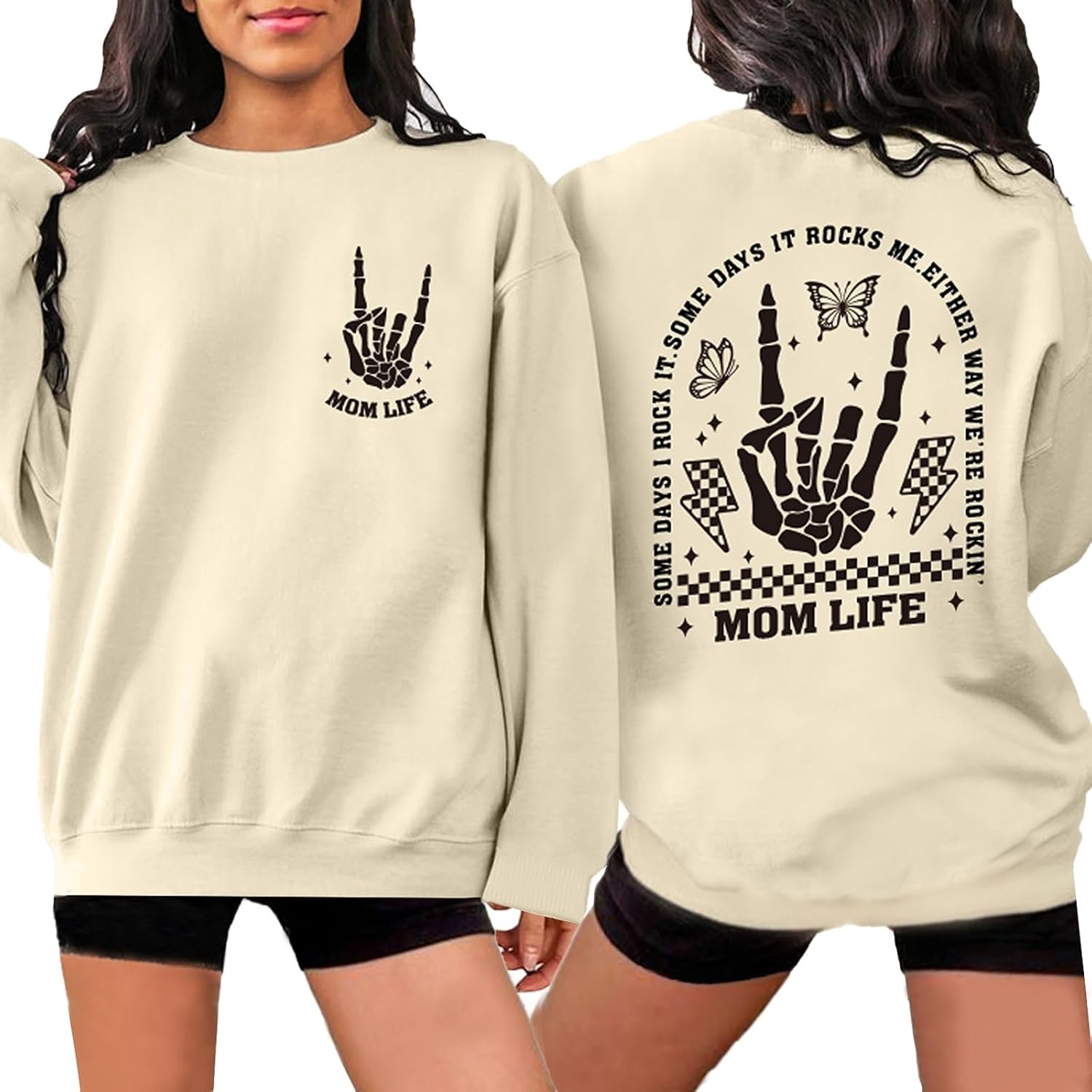 YHHR Mama Sweatshirts Mom Life Crewneck Sweatshirts Funny Mama Halloween Skeleton Rocker Graphic Sweatshirts Pullover Top