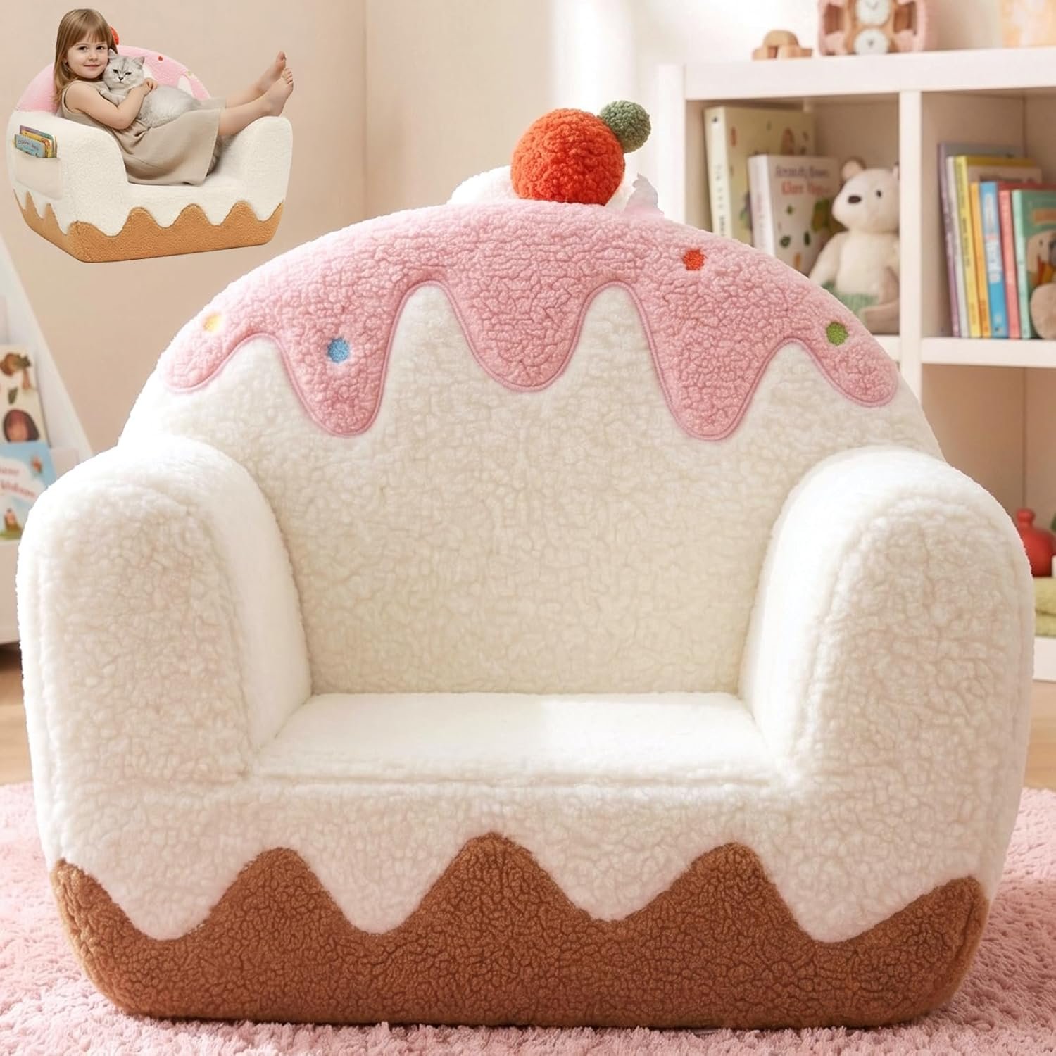 OUOZZZ Kids Chair Comfy for Girls 1-6 Years Old, Soft Sherpa Toddler Sofa | Carry Handle, Book Pocket