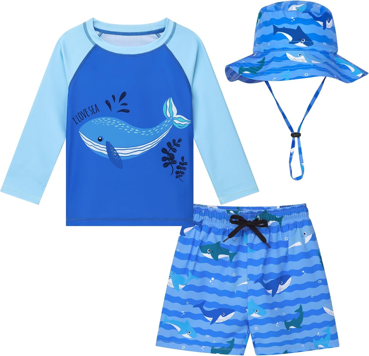 Toddler Baby Boys 3-Piece Swimsuit UPF 50+ Rashguard Trunk Sun Hat Set Long Sleeve Bathing Suit for Summer Beach