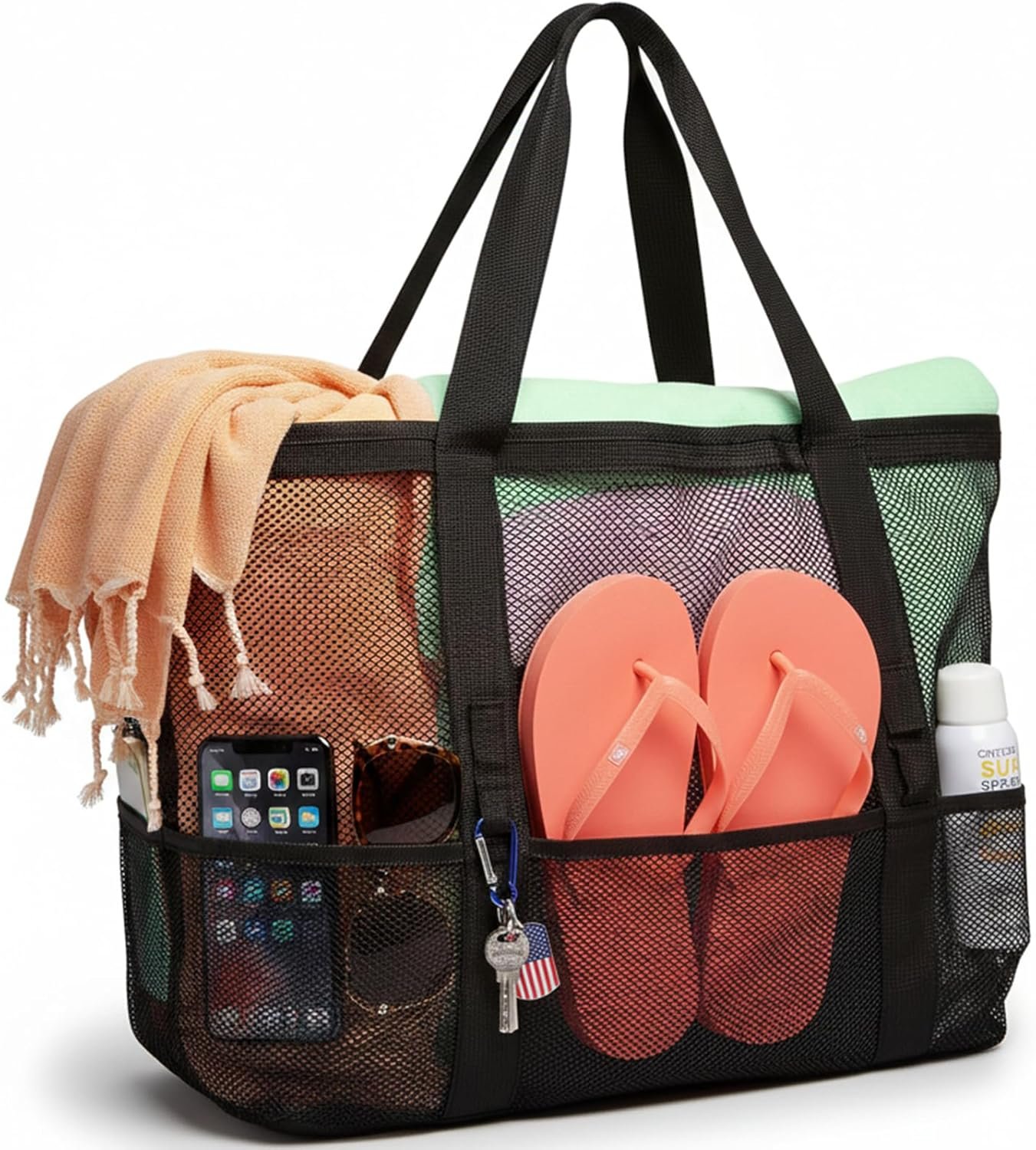 F-color Mesh Beach Bag Family – Large Tote Bag 9 Pockets for Swim Pool Toys Cruise Beach Vacation Essentials