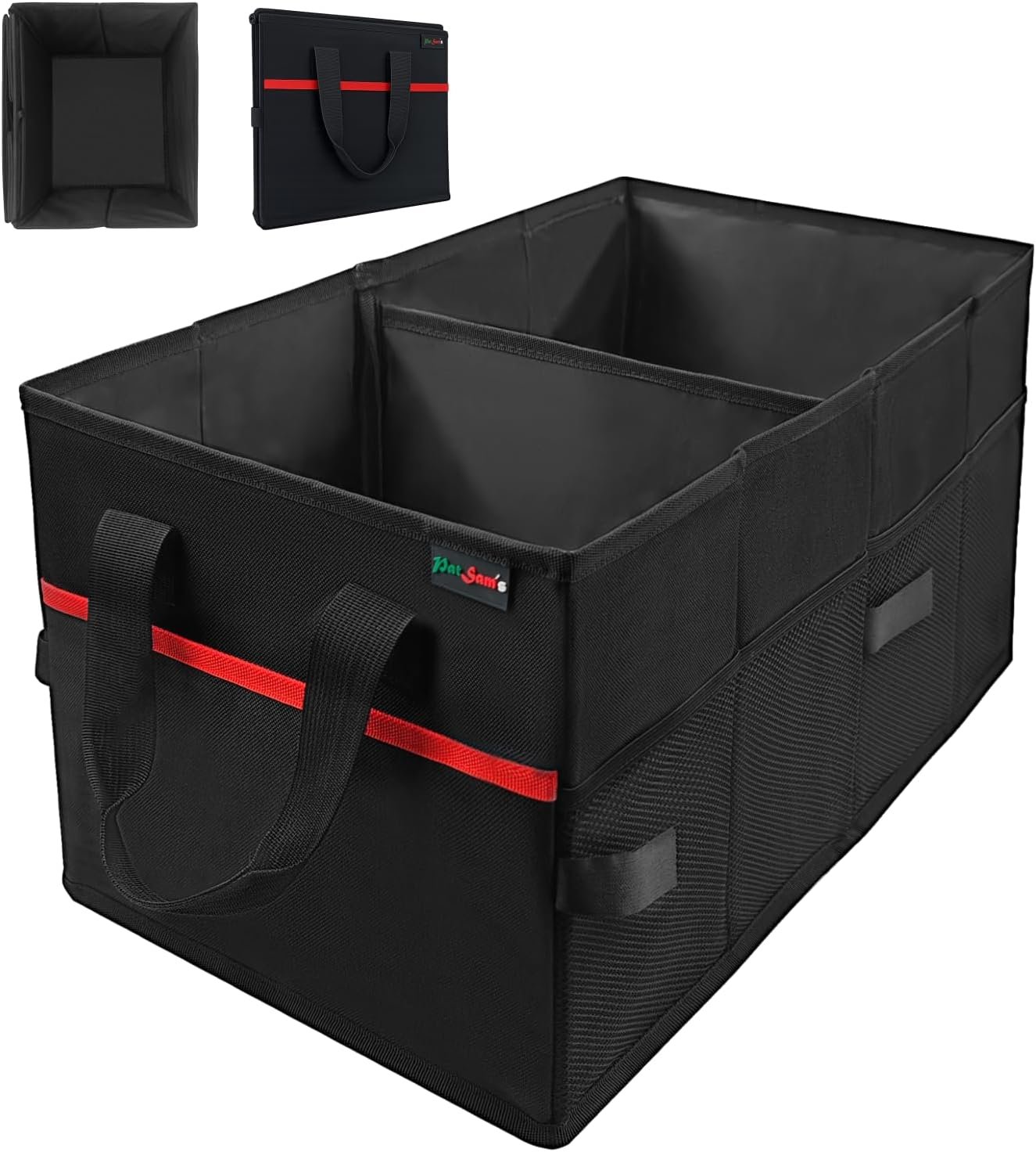 PAT SAM’S Car Trunk Organizer for SUV, Foldable Collapsible Storage Organizer with Dividers, Non-Slip Waterproof 600D Oxford, Backseat & Trunk Storage for Groceries, Tools, Toys (Black)