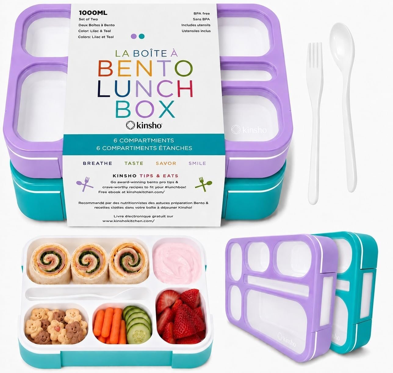 kinsho Bento Box Lunch Containers for Kids Boys Girls Adults, Set of 2 Boxes, Snack Container for School Work Toddler Daycare, 6 Divided Leak Proof Compartments, BPA Free, Utensils, Purple & Teal