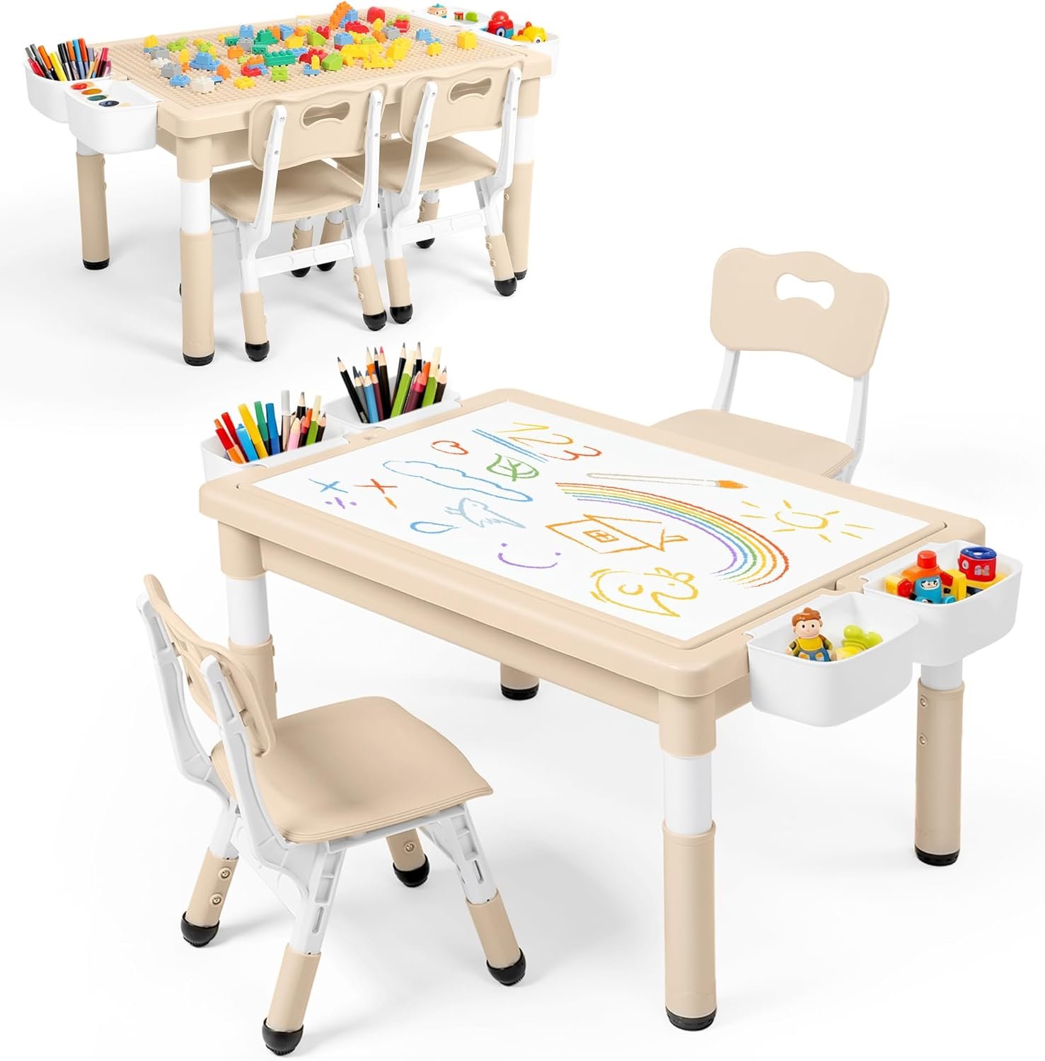 Kinder King Kids Table & 2 Chairs Set, Height Adjustable Children Activity Table w/Storage, Graffiti & Building Blocks Tabletop, Toddler Furniture Set for Classroom, Daycare, Home, Age 3+, Khaki