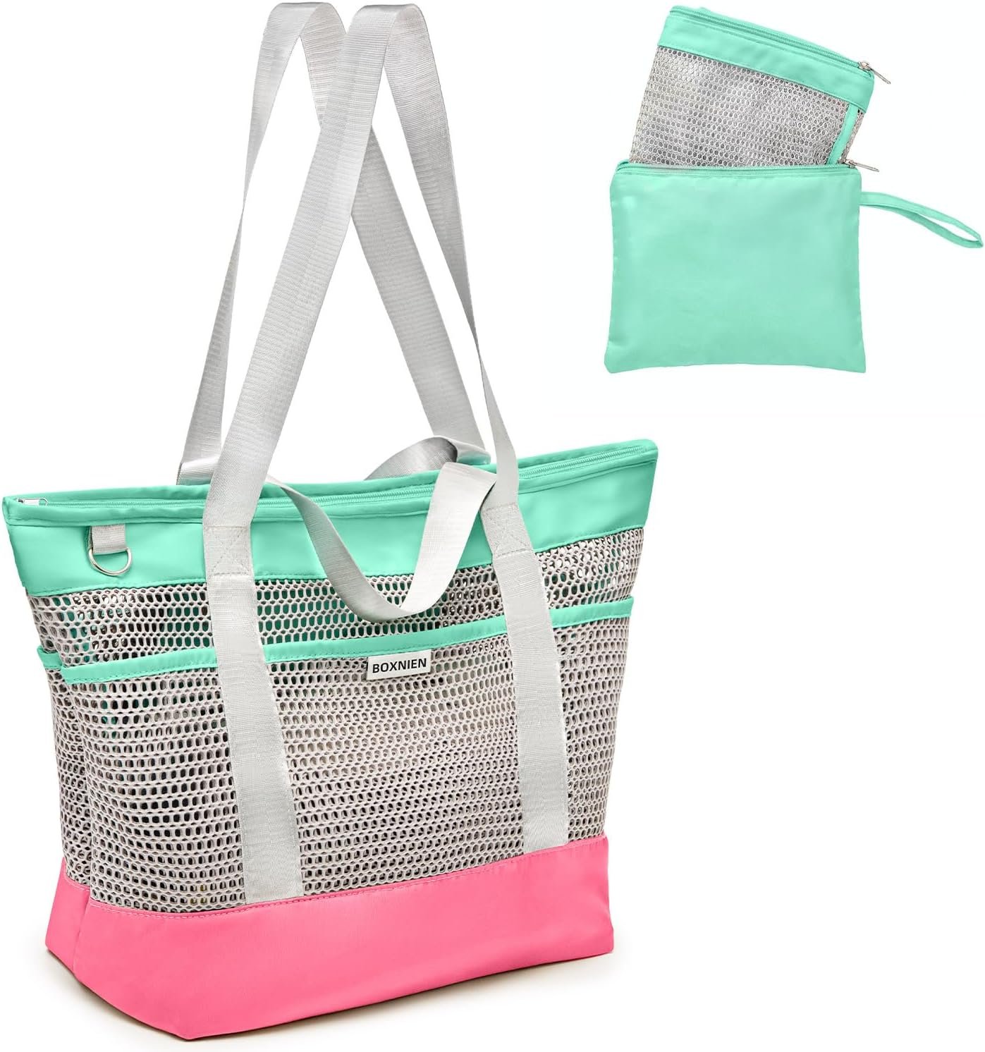 Mesh Beach Bag for Women – Red XXL 28L Foldable Tote, Sandproof Waterproof Bottom, Zippered Top, 7 Pockets, Lightweight Packable Pool Swim Bag for Travel Cruise Vacation